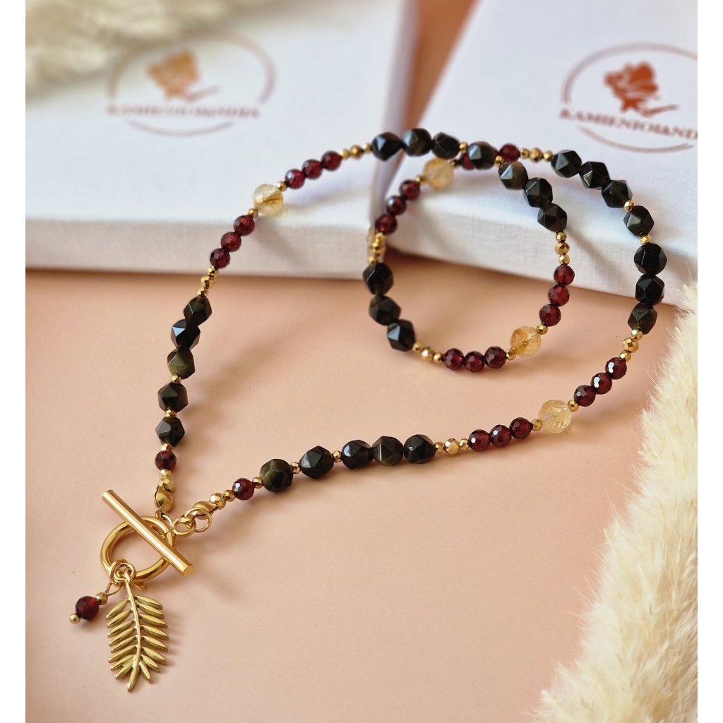 Naszyjnik Obsydian, Cytryn, Granat, Hematyt