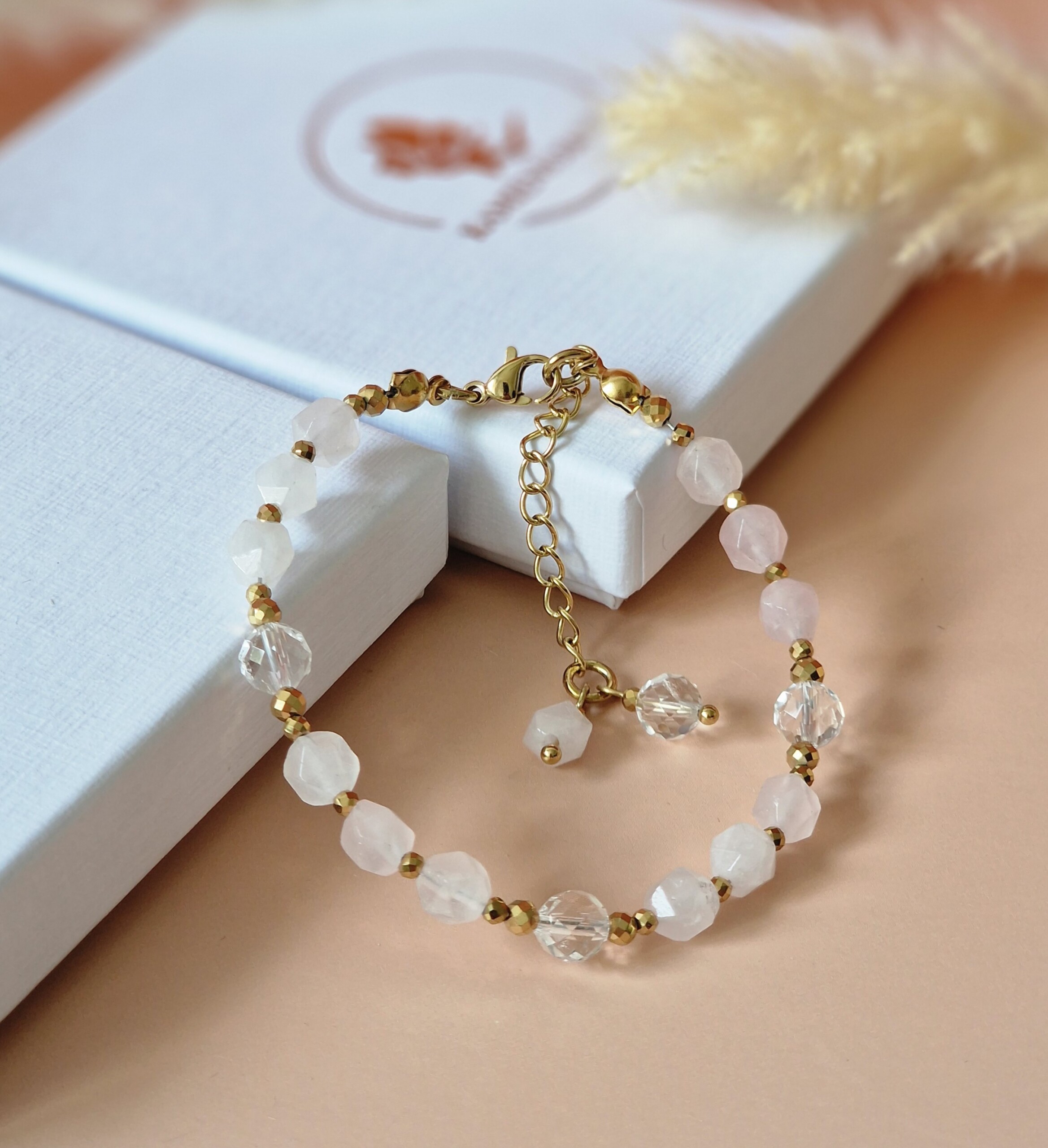 Bransoletka Kwarc różowy, Kryształ górski, Hematyt