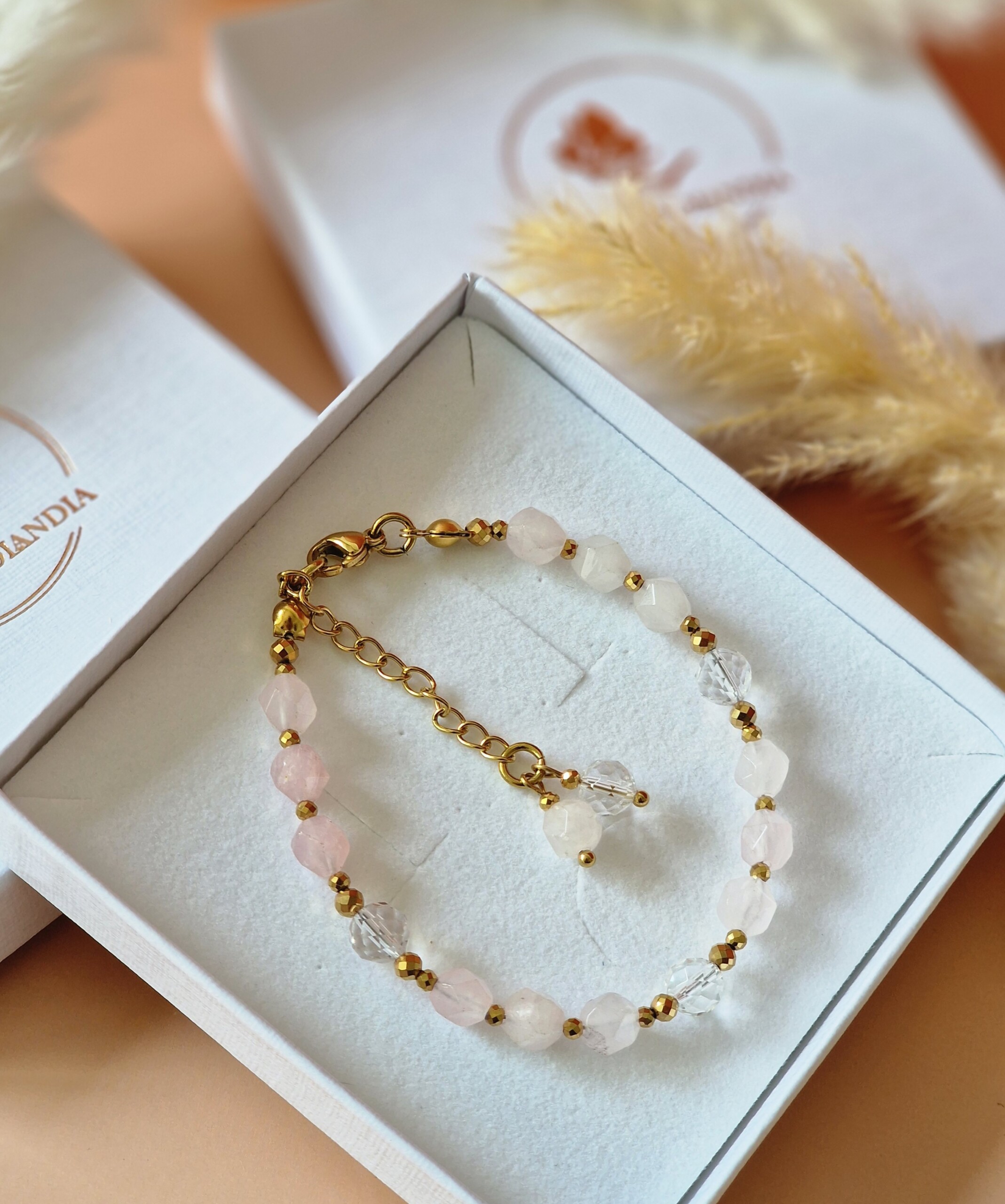 Bransoletka Kwarc różowy, Kryształ górski, Hematyt