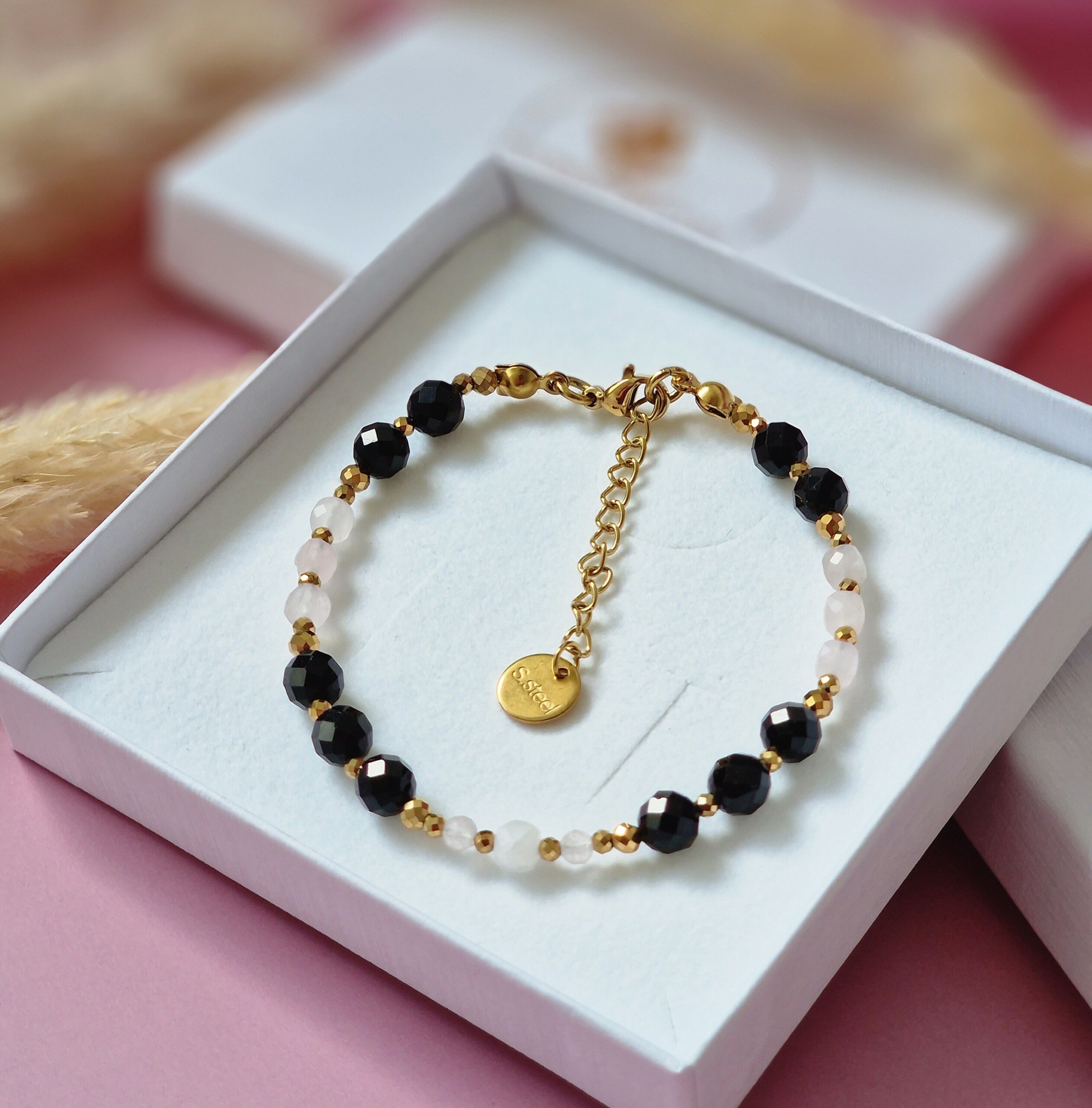 Bransoletka Kwarc różowy, Turmalin, Hematyt