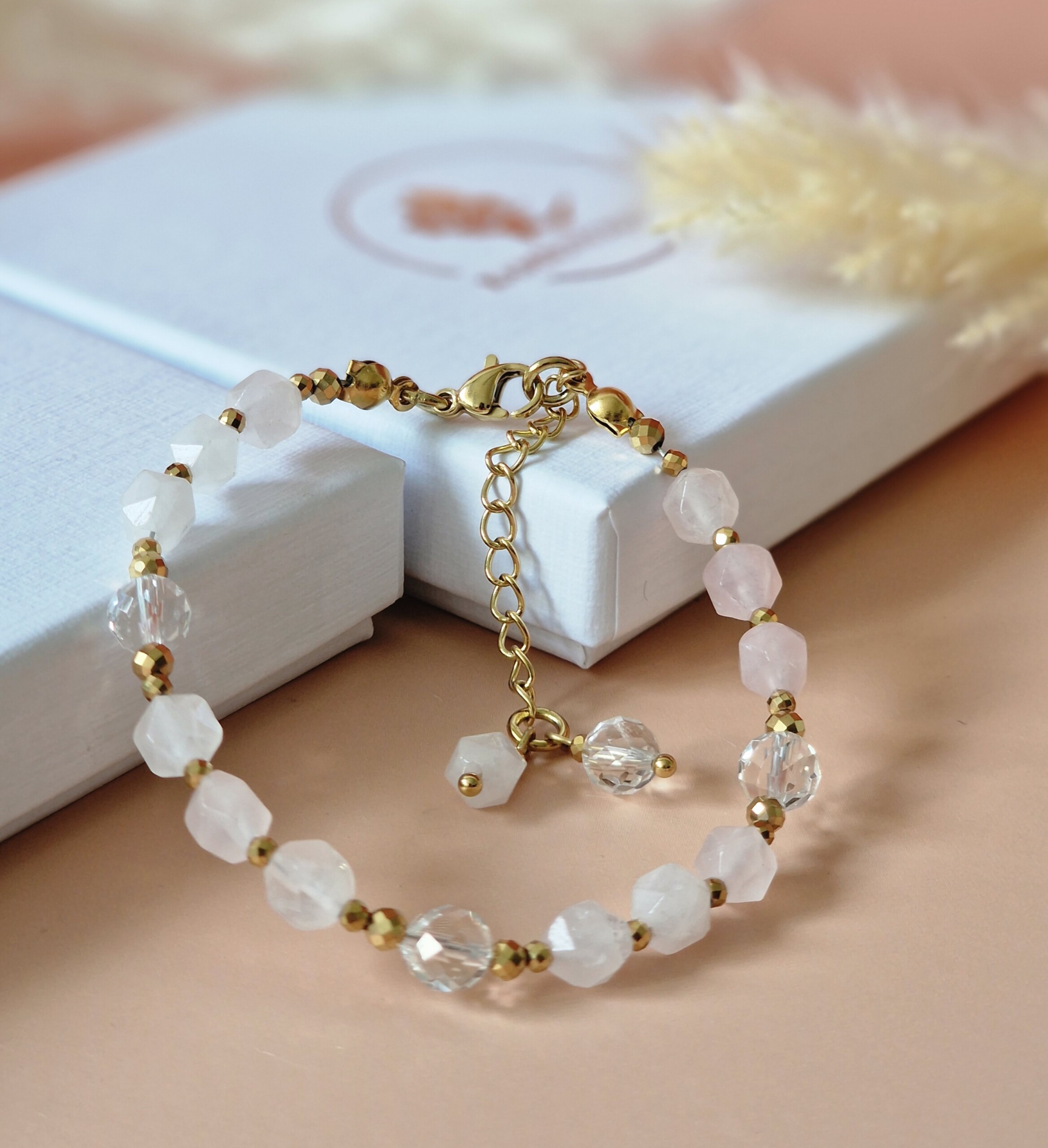 Bransoletka Kwarc różowy, Kryształ górski, Hematyt