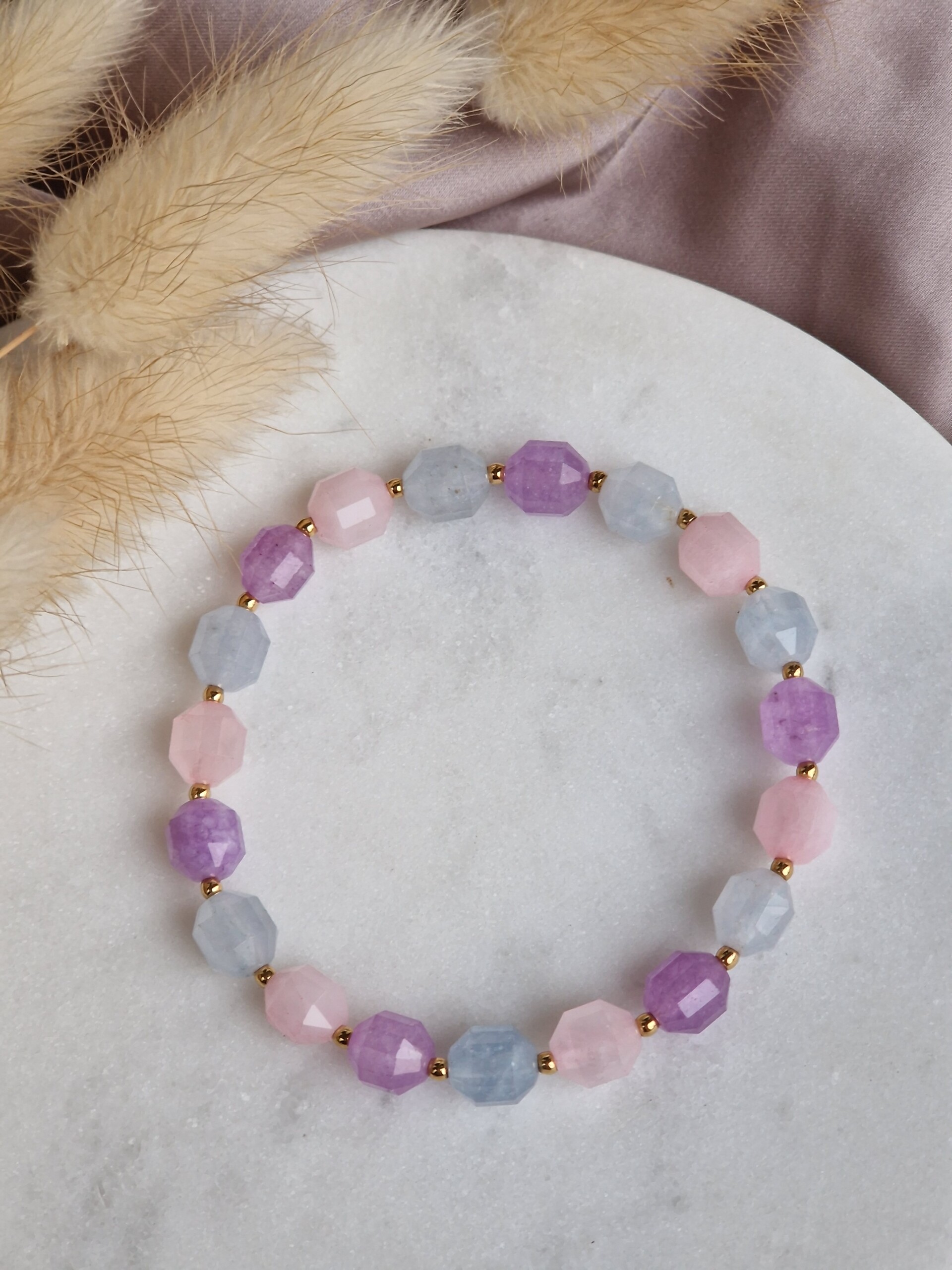 Bransoletka Akwamaryn, Kwarc różowy, Ametyst lawendowy, Hematyt - obrazek 2