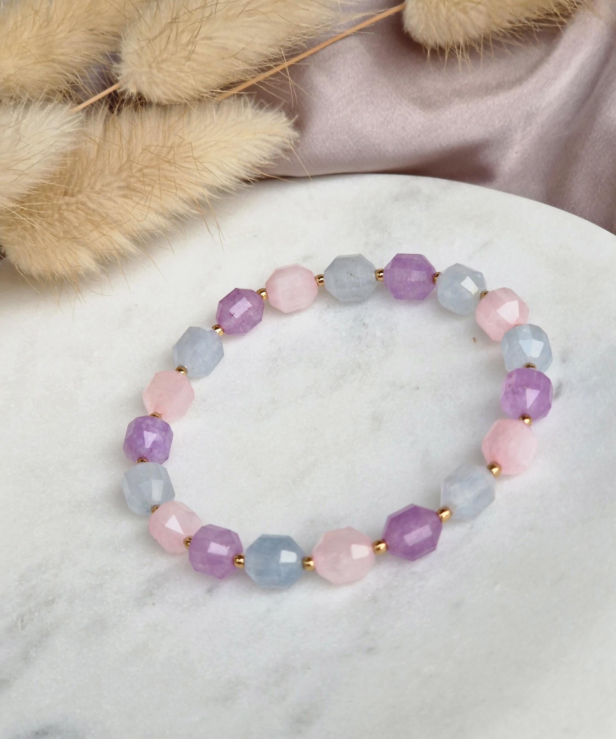 Bransoletka Akwamaryn, Kwarc różowy, Ametyst lawendowy, Hematyt
