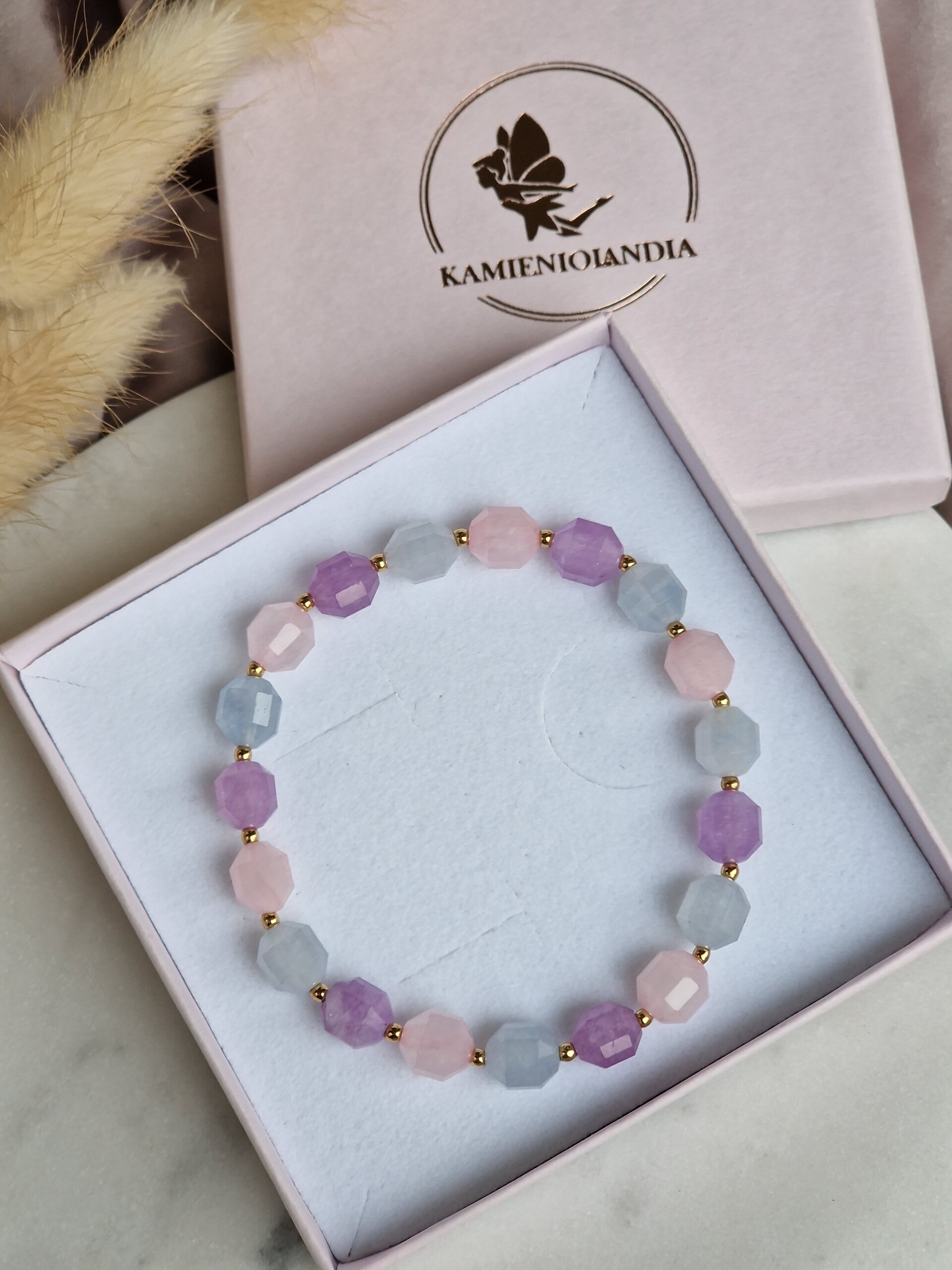 Bransoletka Akwamaryn, Kwarc różowy, Ametyst lawendowy, Hematyt - obrazek 3