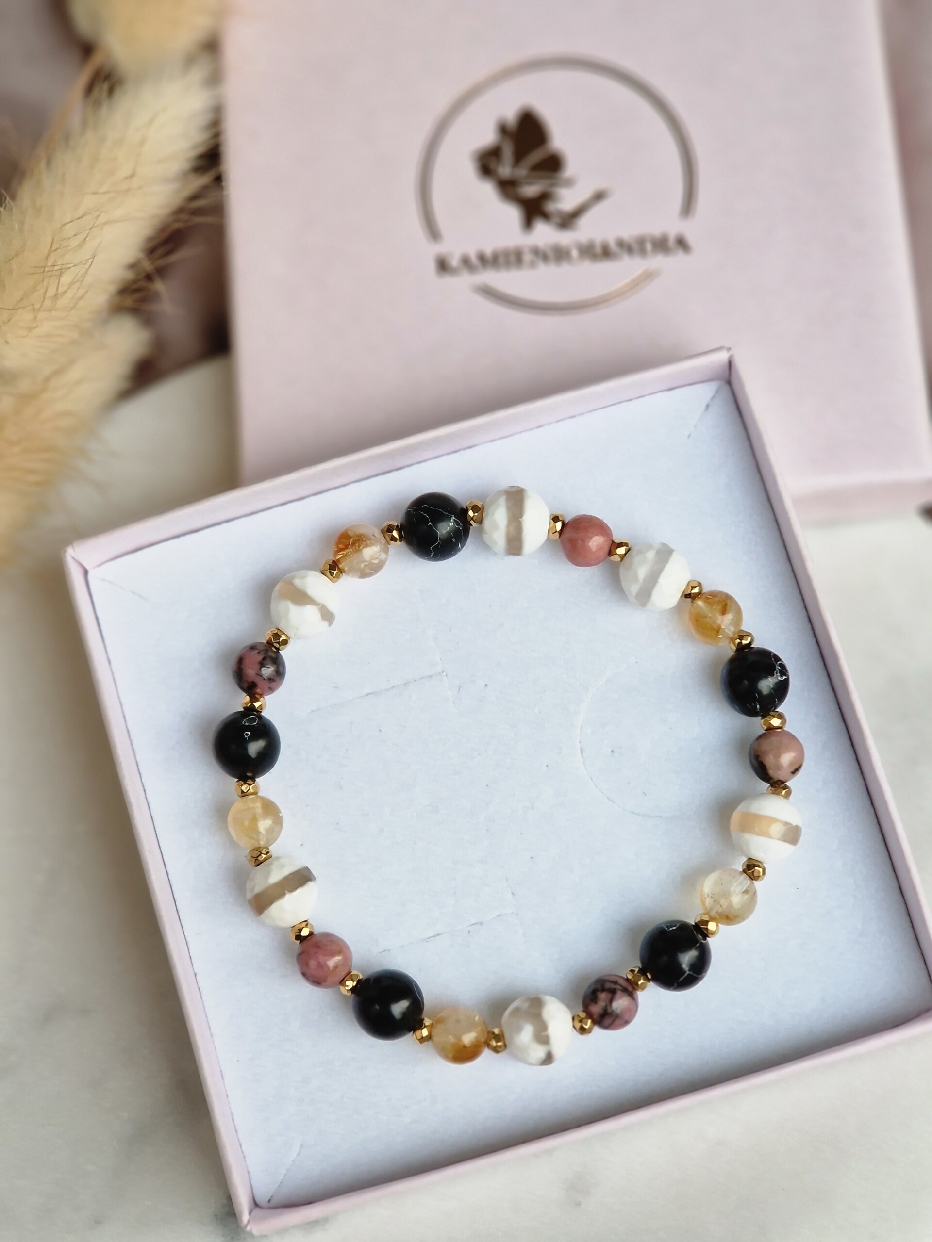 Bransoletka Cytryn, Rodonit, Agat, Howlit czarny, Hematyt - obrazek 3