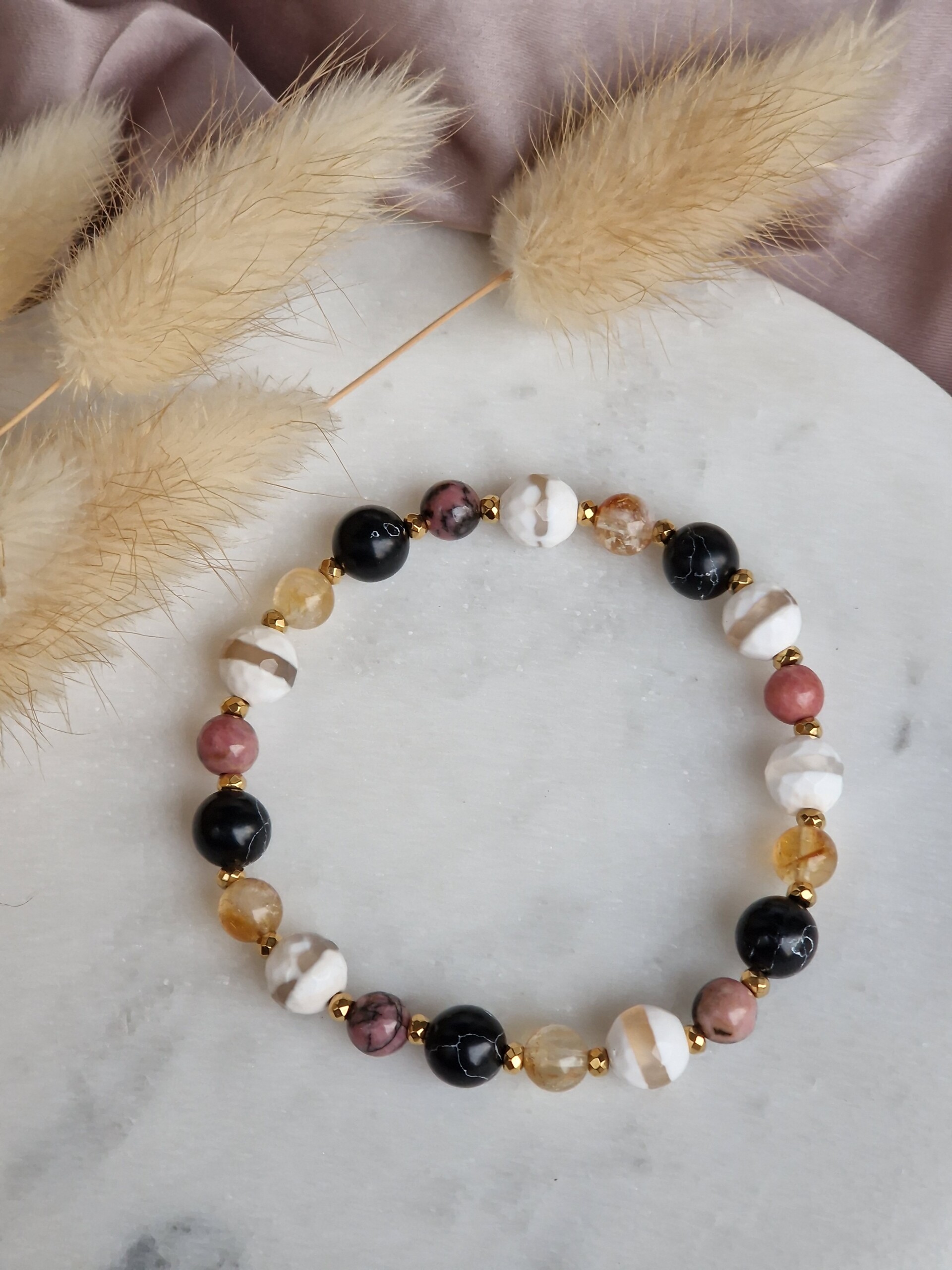 Bransoletka Cytryn, Rodonit, Agat, Howlit czarny, Hematyt - obrazek 2