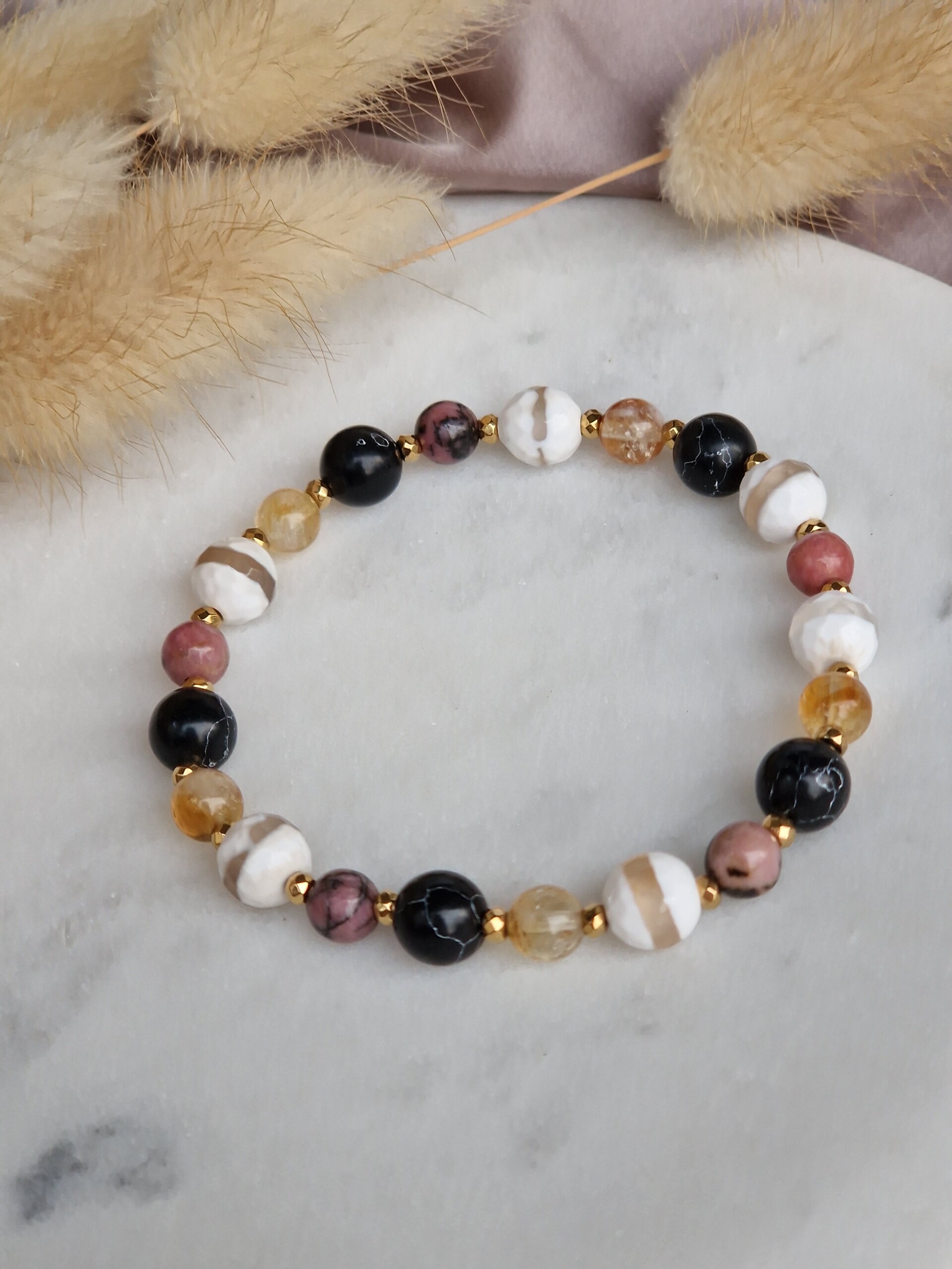 Bransoletka Cytryn, Rodonit, Agat, Howlit czarny, Hematyt