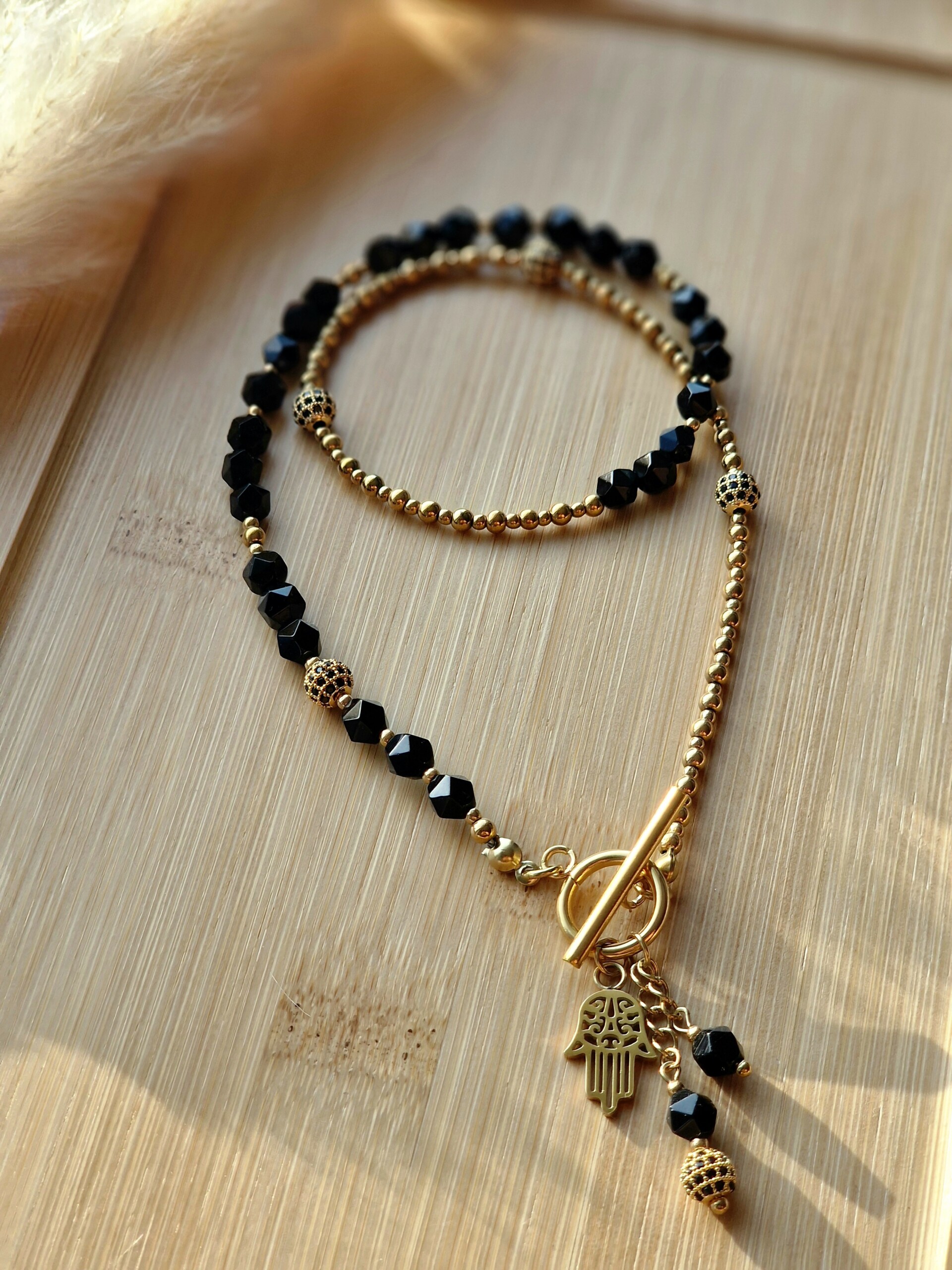 Naszyjnik Agat, Hematyt, kulki miedziane z Cyrkoniami - obrazek 2