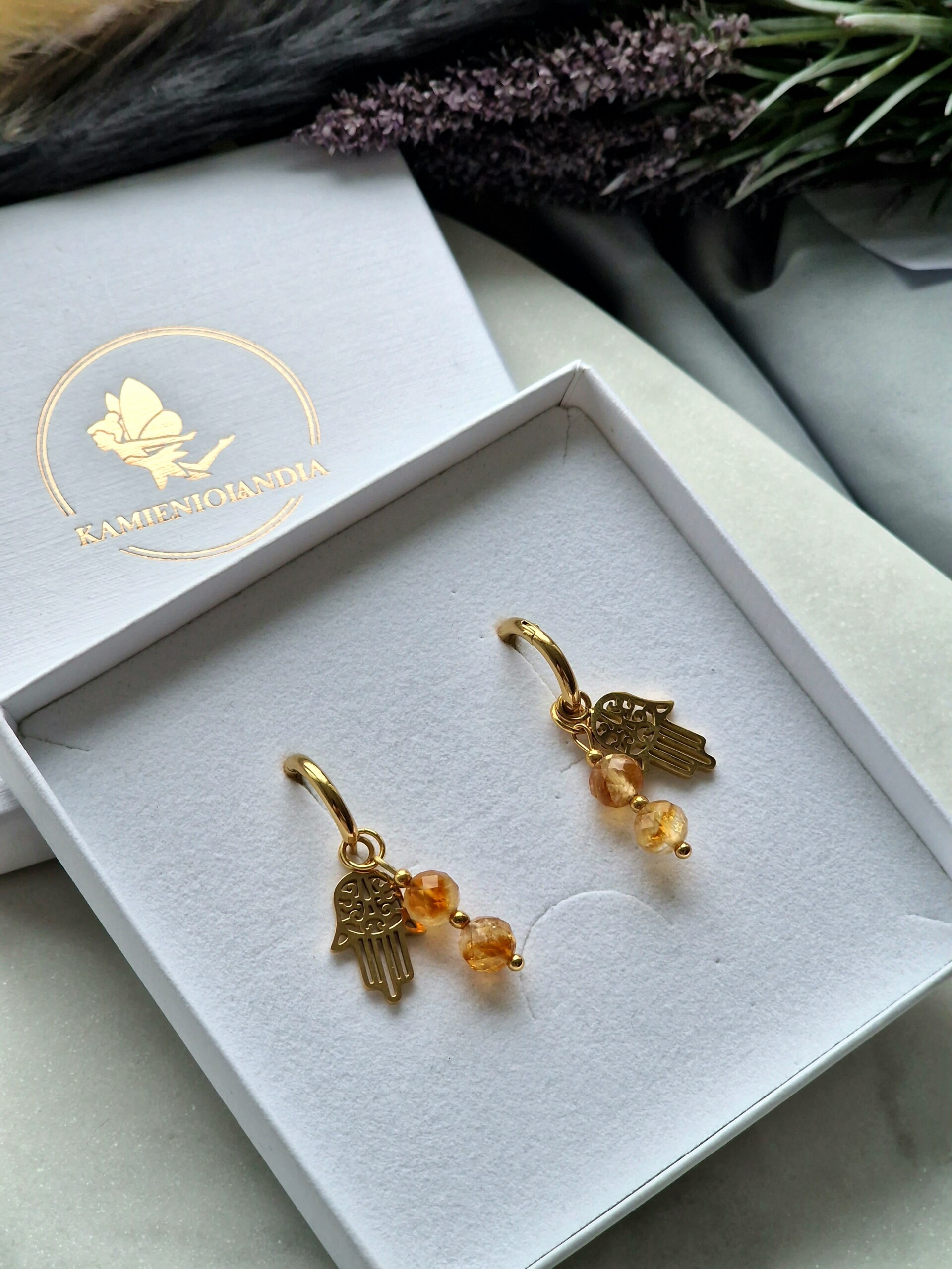 Kolczyki ręka fatimy stal nierdzewna, Cytryn, Hematyt