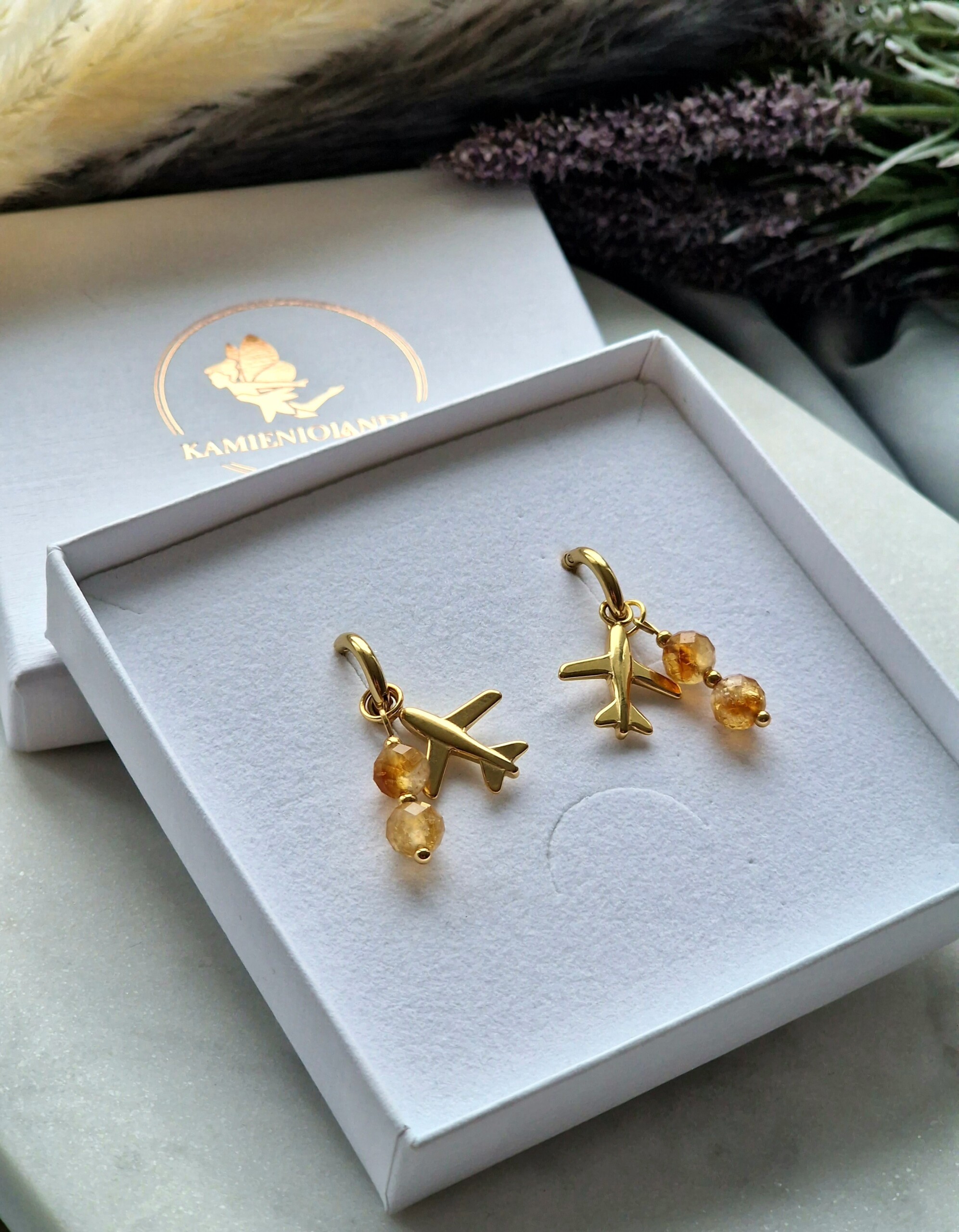 Kolczyki samolot stal nierdzewna, Cytryn, Hematyt - obrazek 2