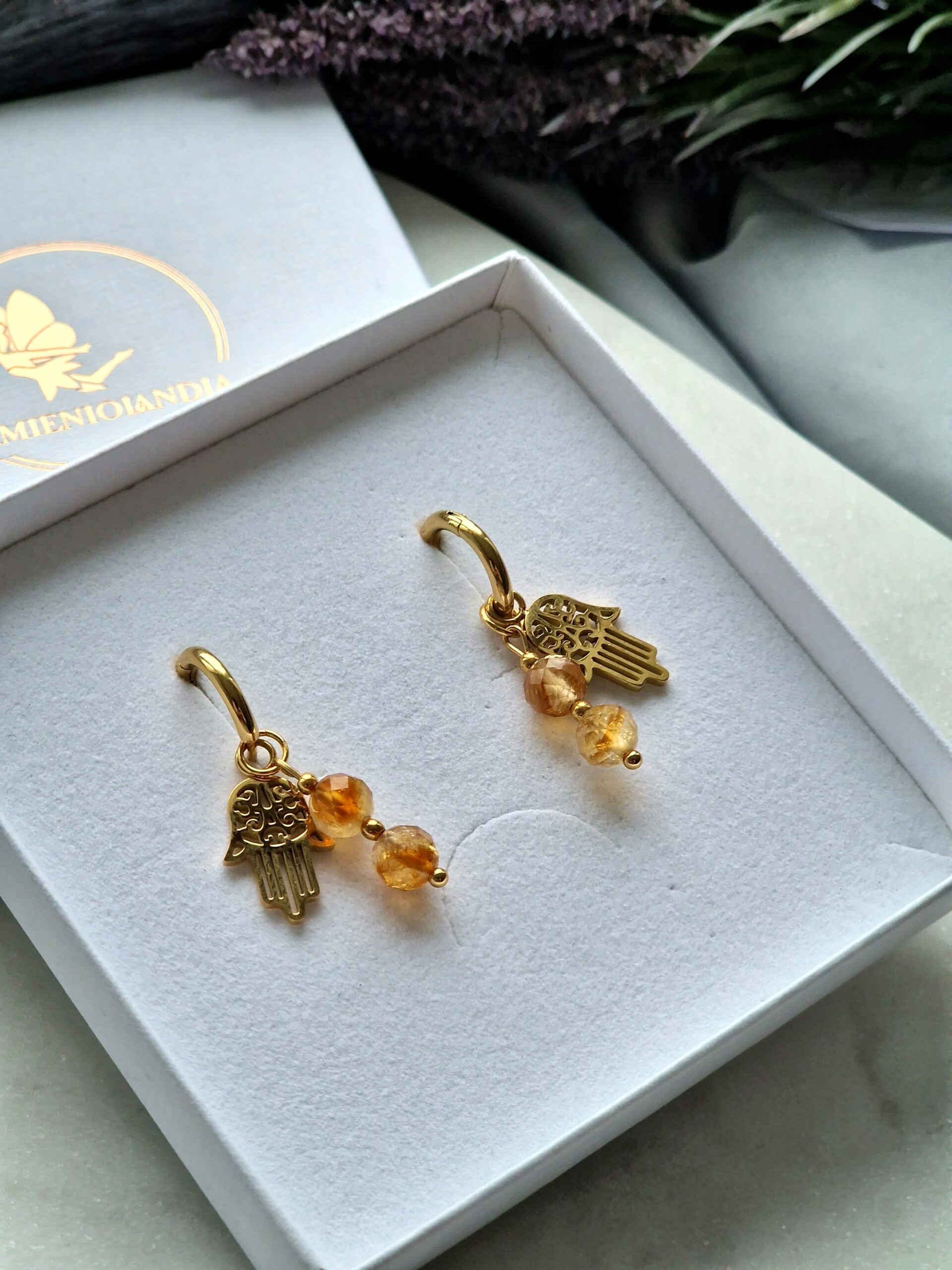 Kolczyki ręka fatimy stal nierdzewna, Cytryn, Hematyt - obrazek 3