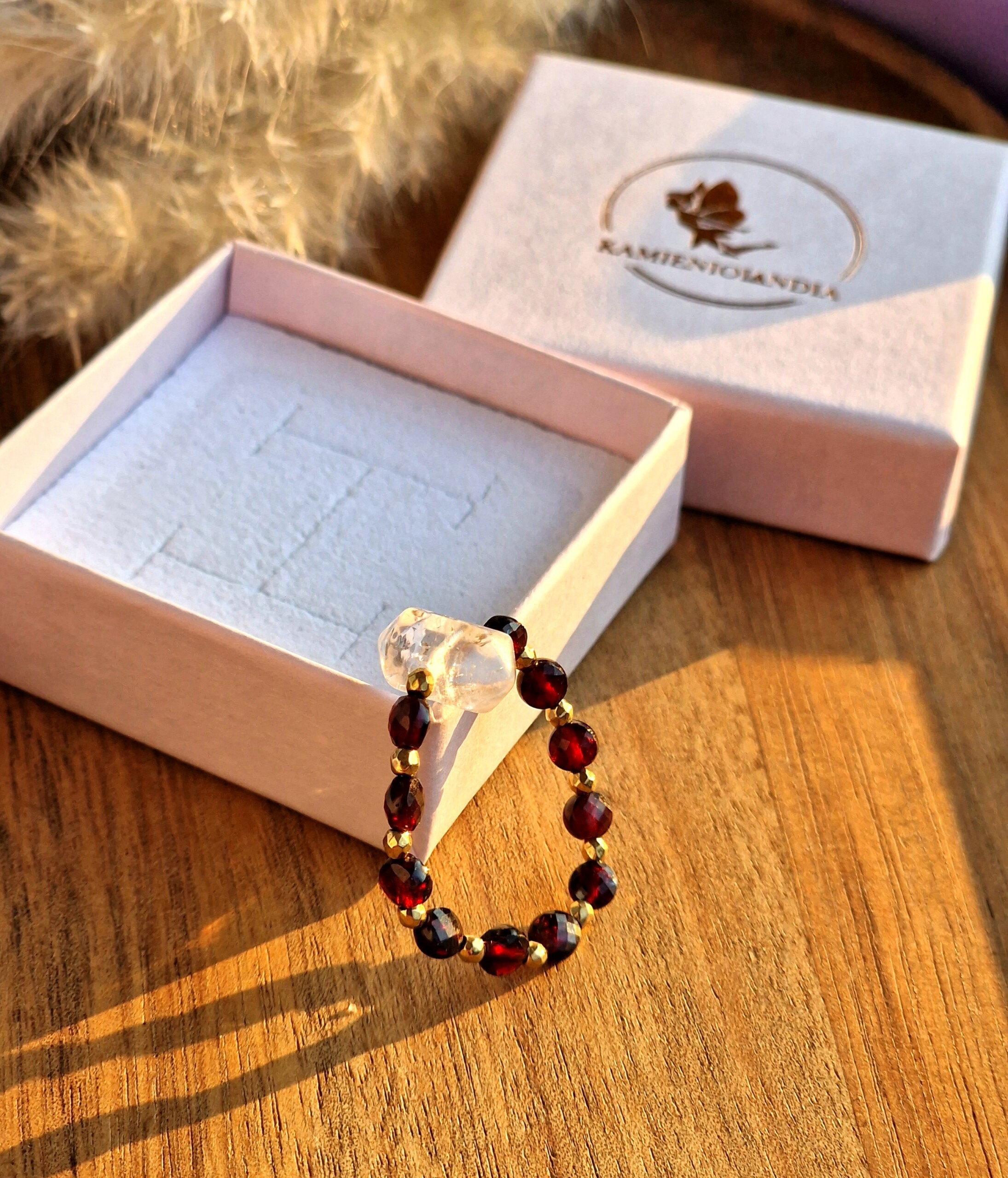 Pierścionek Granat, Kryształ górski grot, Hematyt