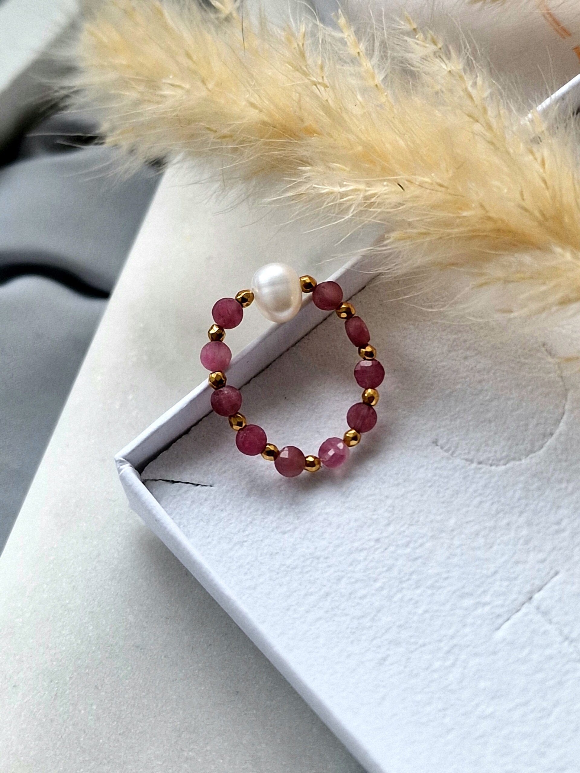 Pierścionek Rubelit, Perła naturalna, Hematyt