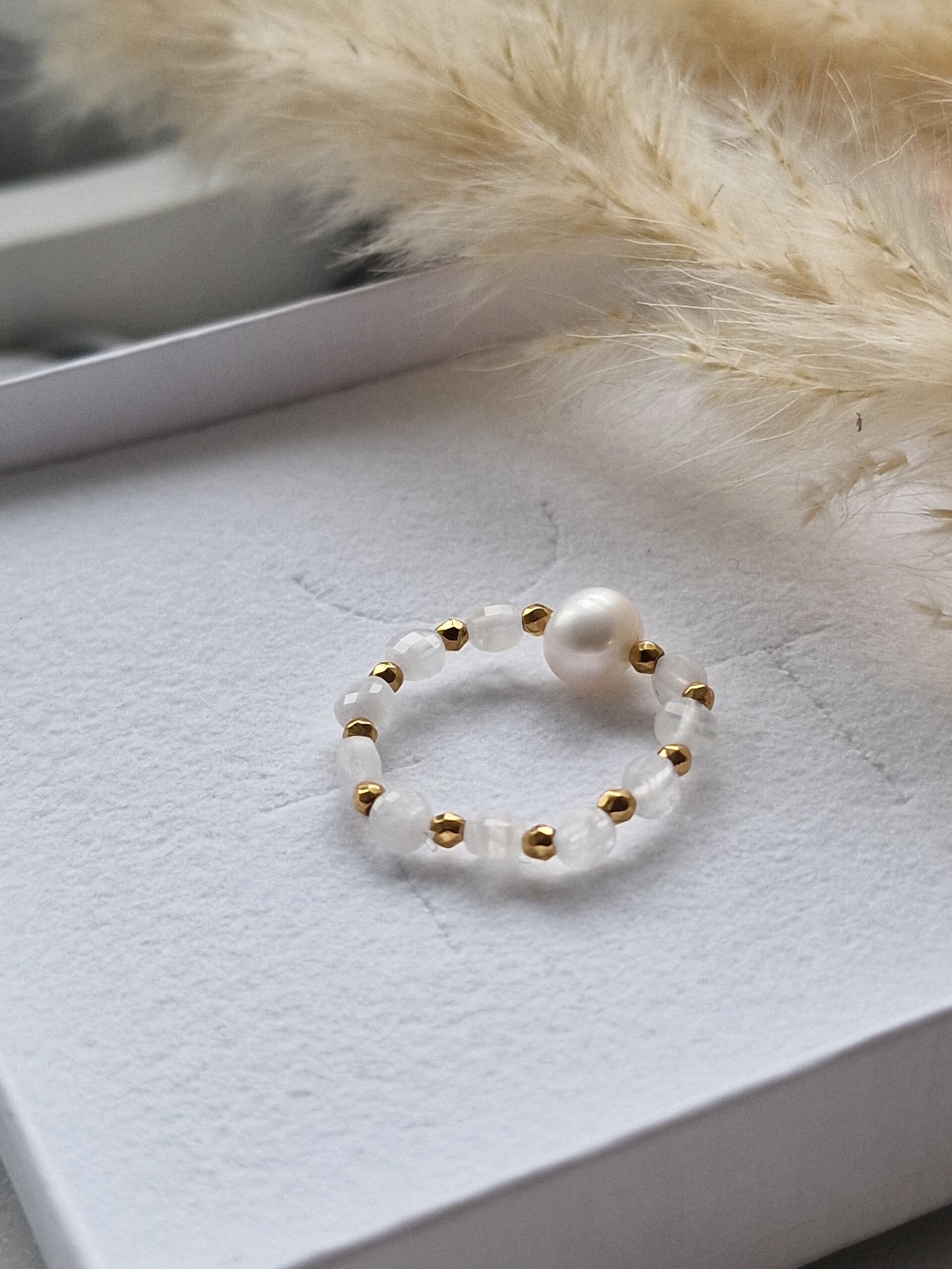 Pierścionek Kamień księżycowy, Perła naturalna, Hematyt - obrazek 2