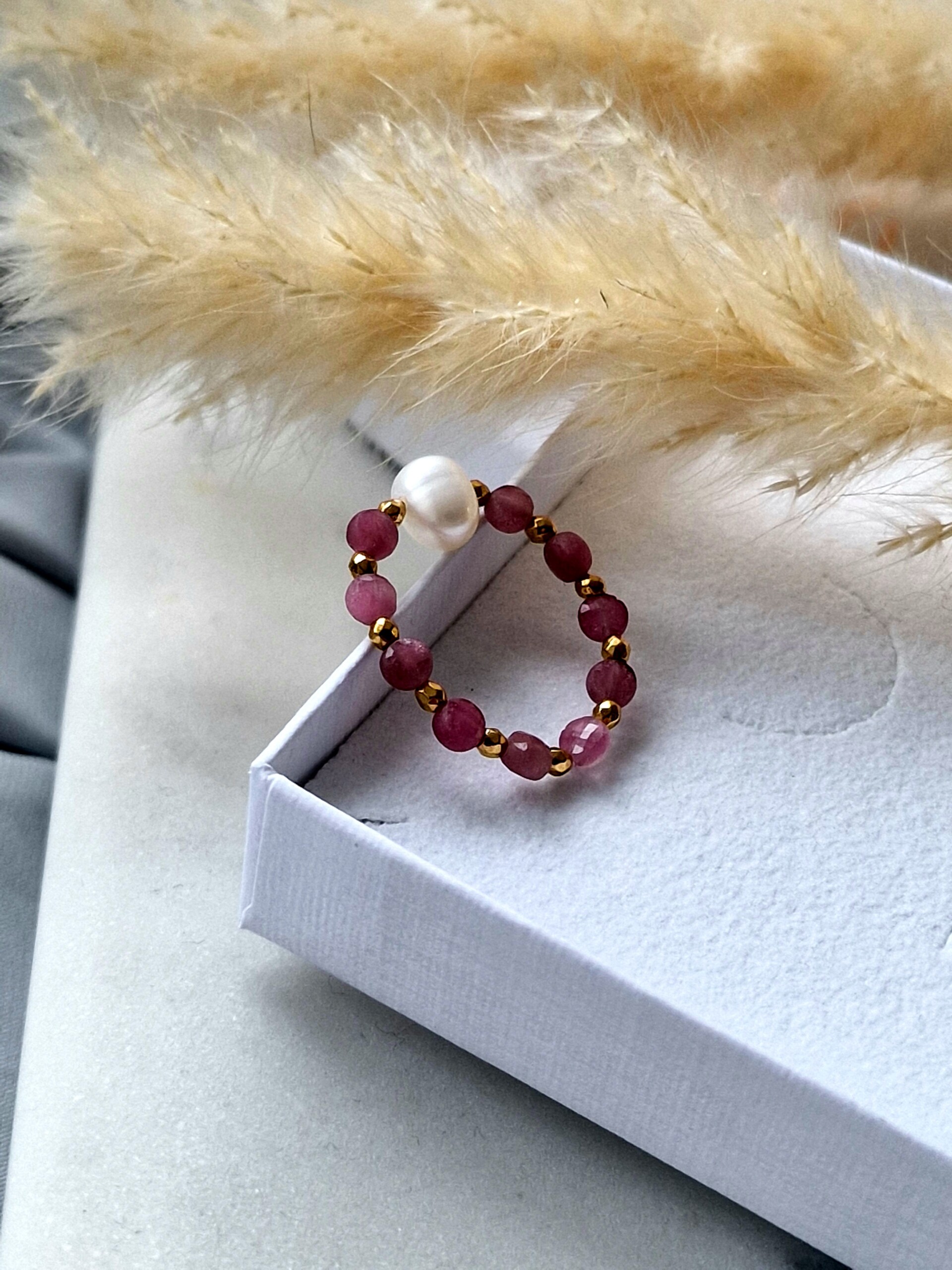 Pierścionek Rubelit, Perła naturalna, Hematyt - obrazek 3