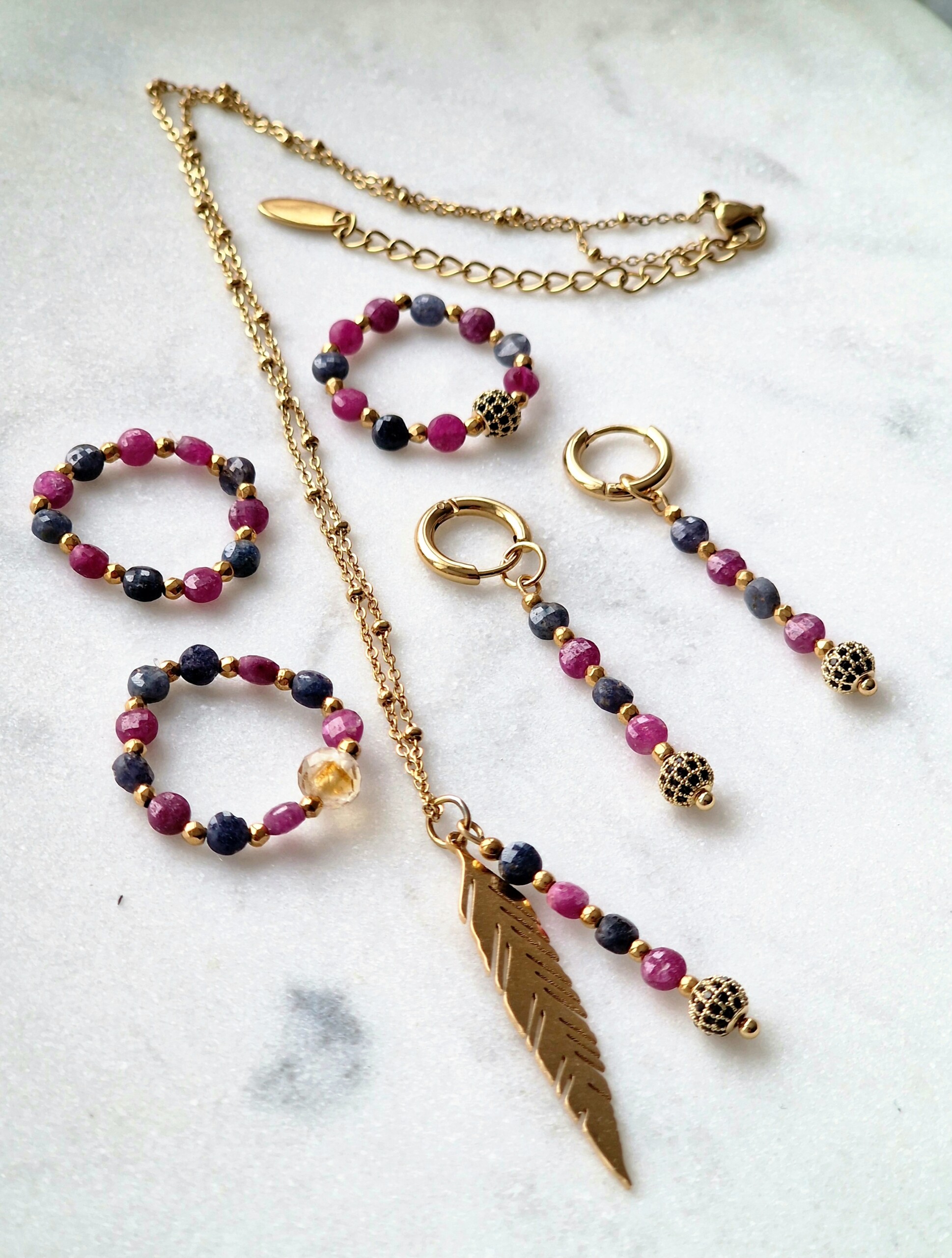 Zestaw Szafir, Rubin, Cytryn Hematyt, miedziana kulka z Cyrkoniami