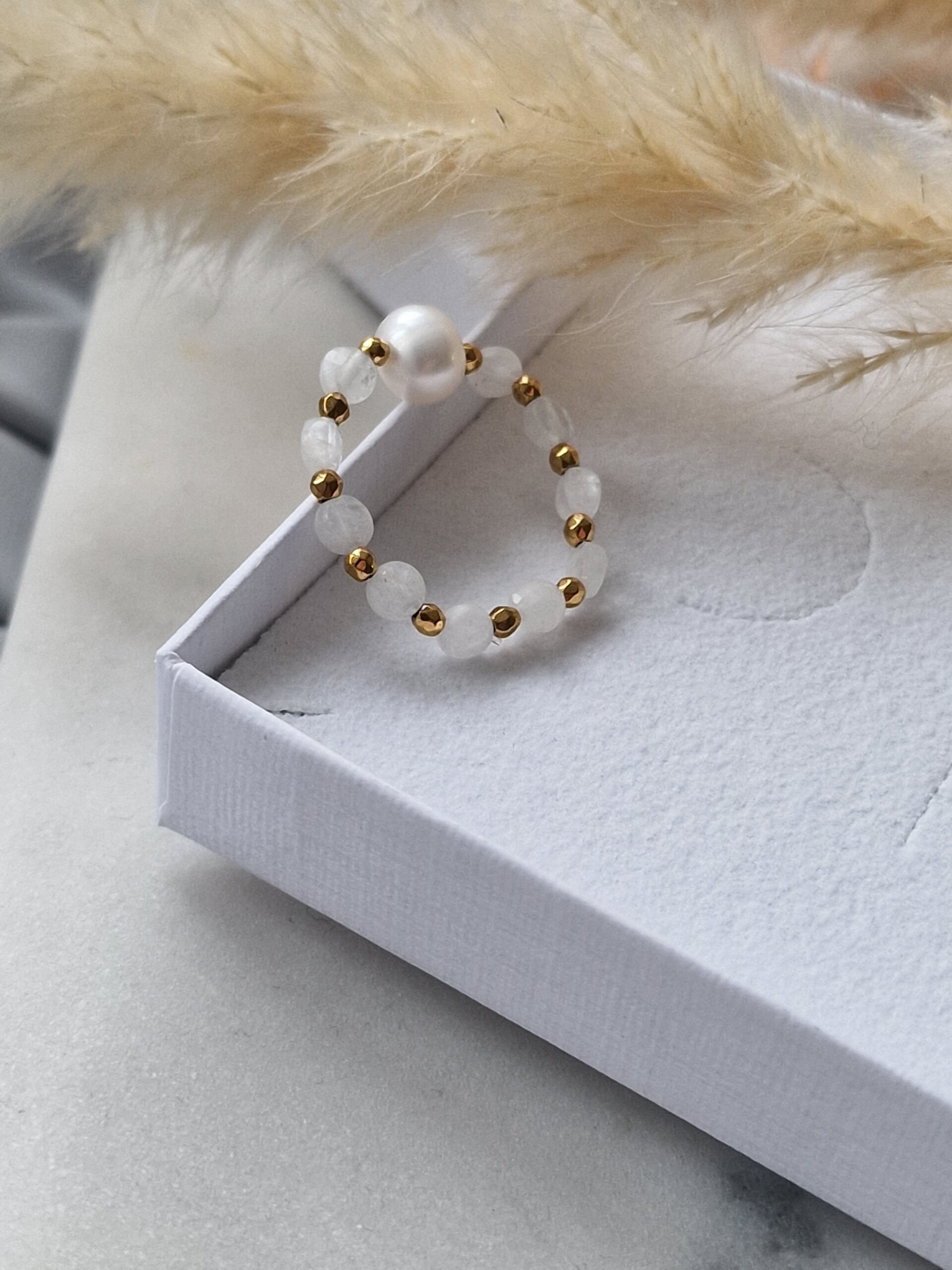 Pierścionek Kamień księżycowy, Perła naturalna, Hematyt - obrazek 3