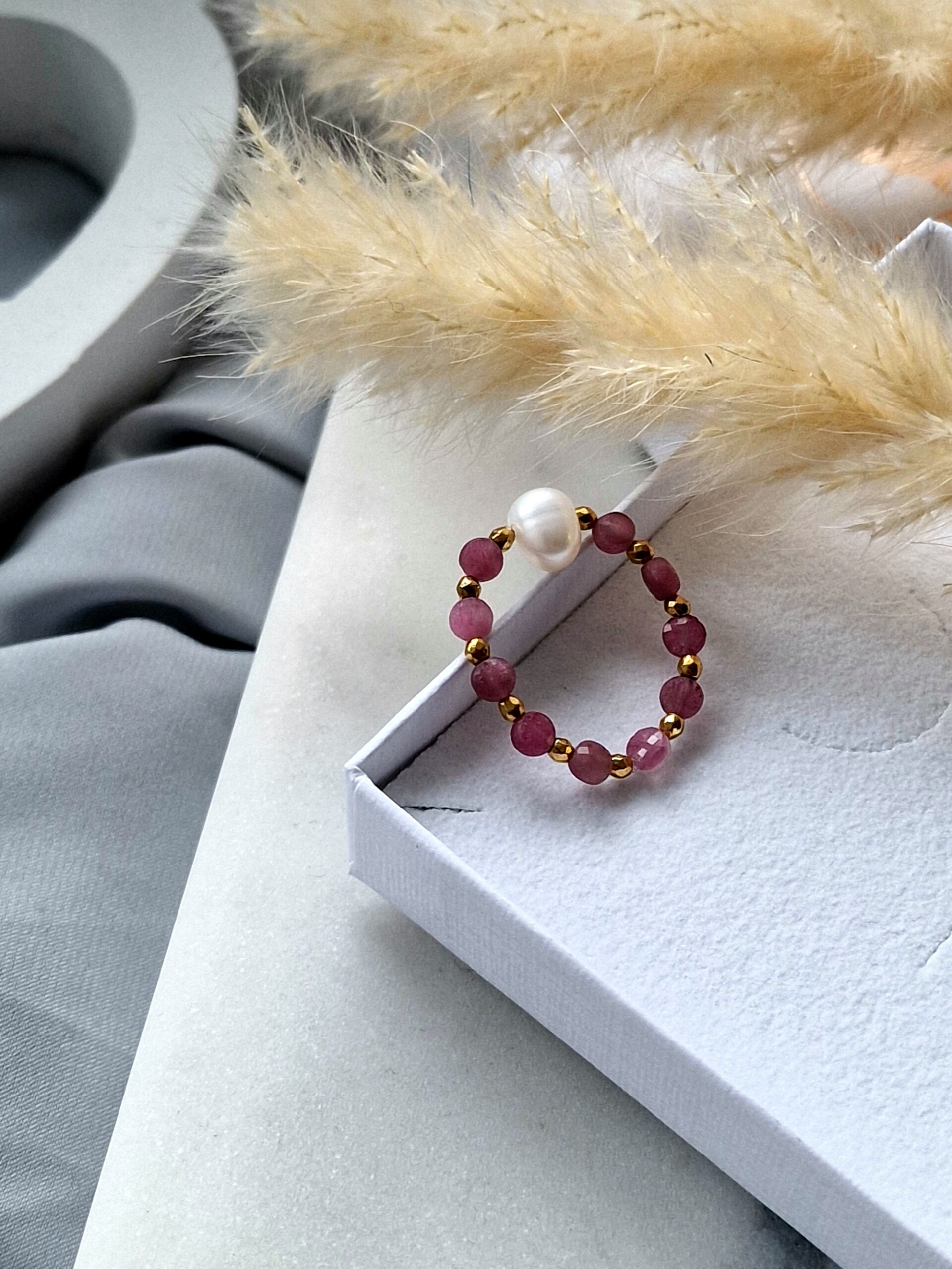 Pierścionek Rubelit, Perła naturalna, Hematyt - obrazek 2