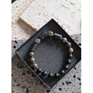 Bransoletka męska Turmalin, Piryt, Lawa wulkaniczna, Hematyt