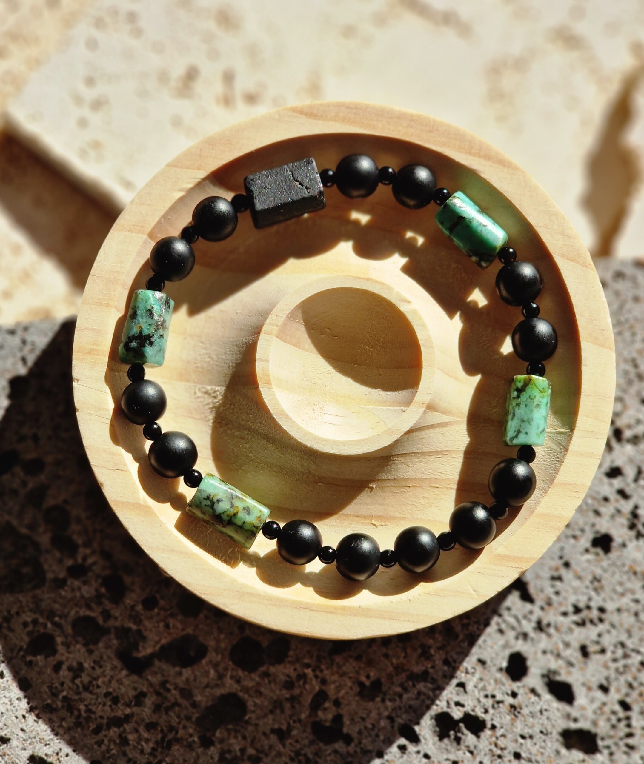 Bransoletka męska Turmalin, Turkus Afrykański, Onyks, Lawa wulkaniczna