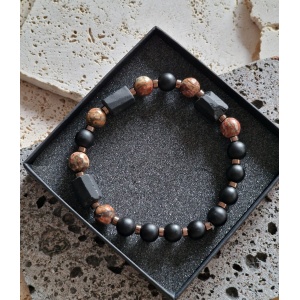 Bransoletka męska Turmalin, Jaspis leopard skin, Lawa wulkaniczna, Hematyt