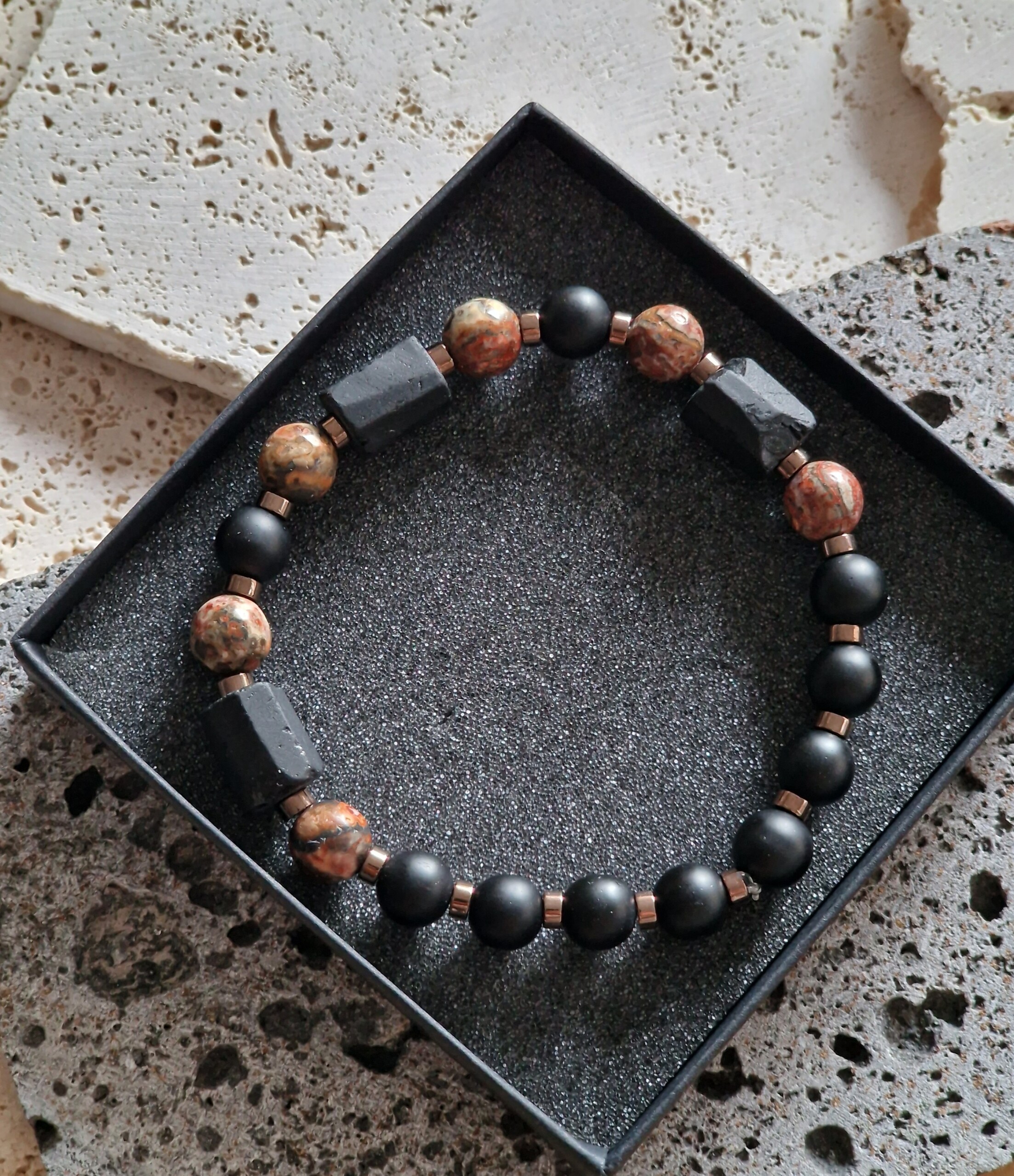 Bransoletka męska Turmalin, Jaspis leopard skin, Lawa wulkaniczna, Hematyt