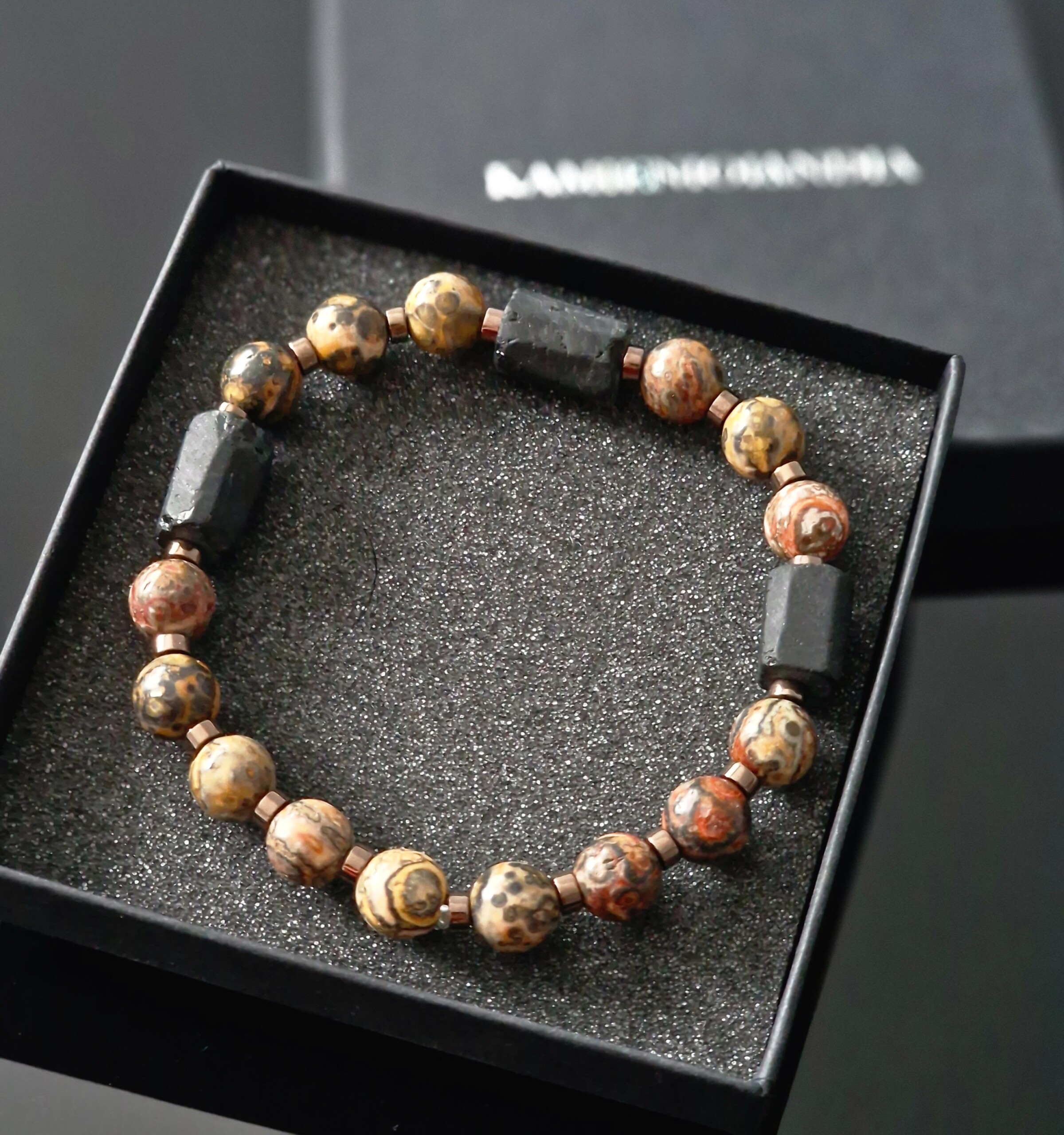 Bransoletka męska Lawa wulkaniczna, Hematyt, czaszka