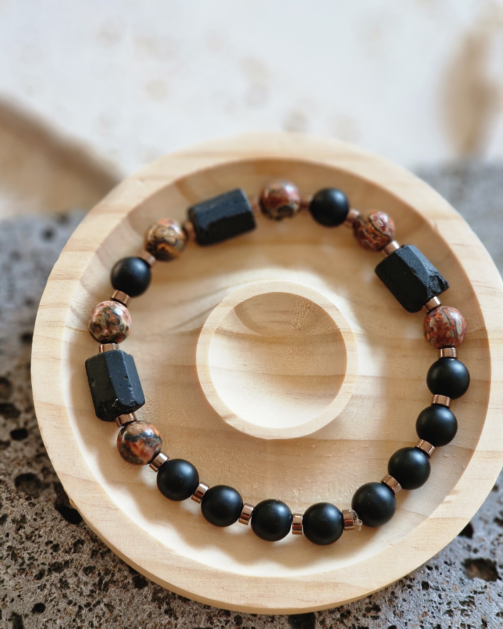 Bransoletka męska Turmalin, Jaspis leopard skin, Lawa wulkaniczna, Hematyt