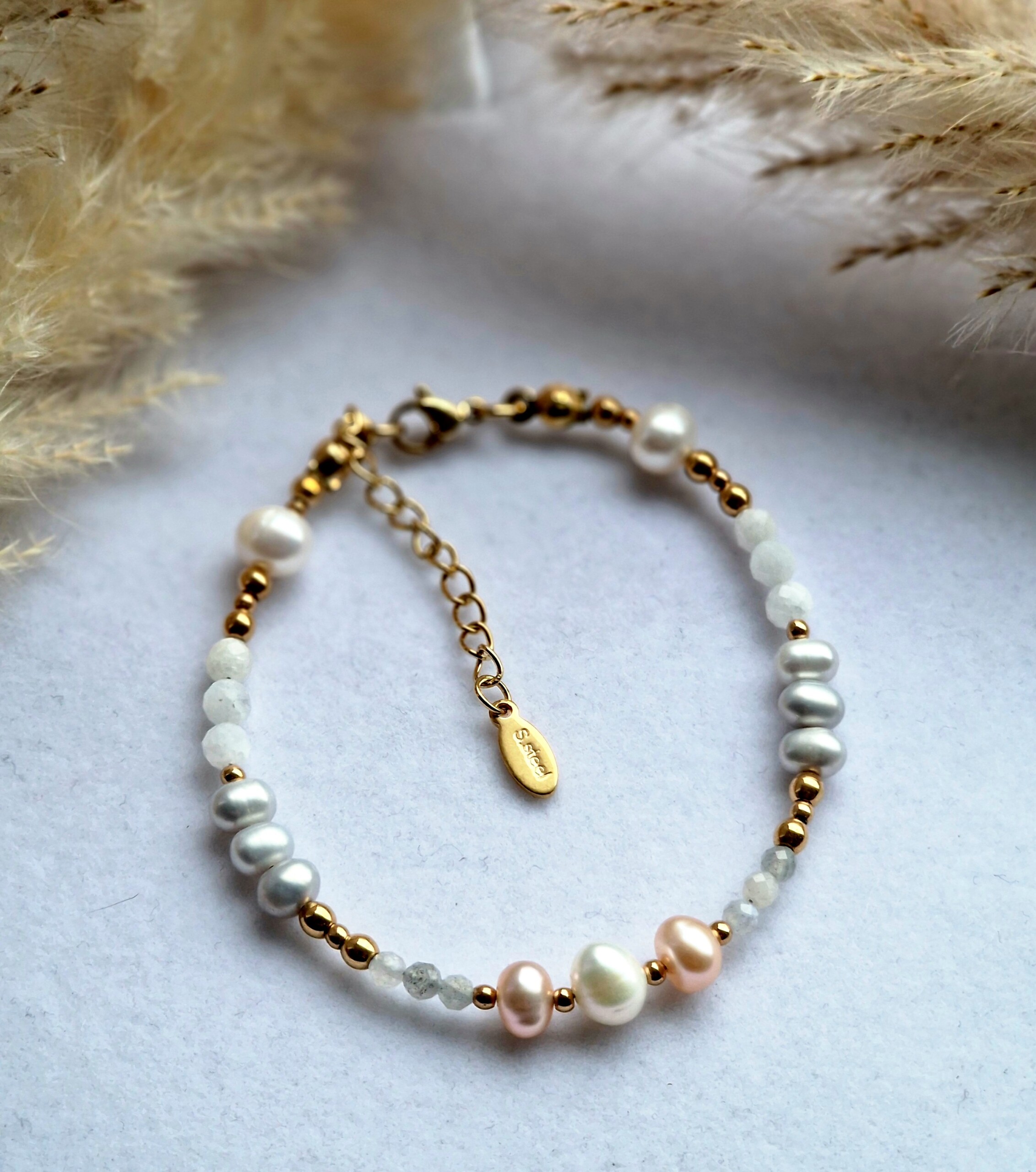 Bransoletka Perła naturalna, Labradoryt, Kamień księżycowy, Hematyt