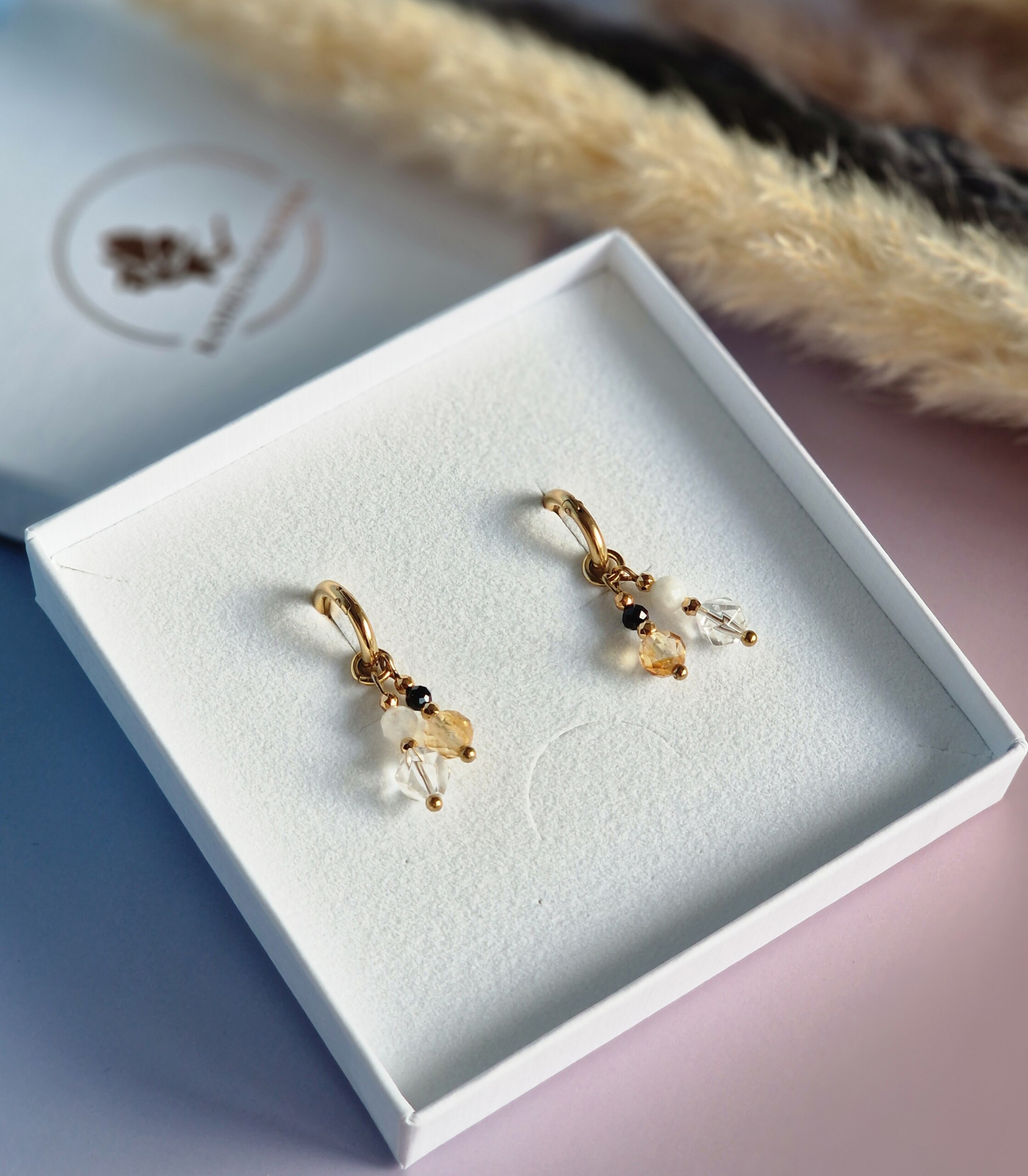 Kolczyki Cytryn, Turmalin, Kryształ górski, Kamień księżycowy, Hematyt