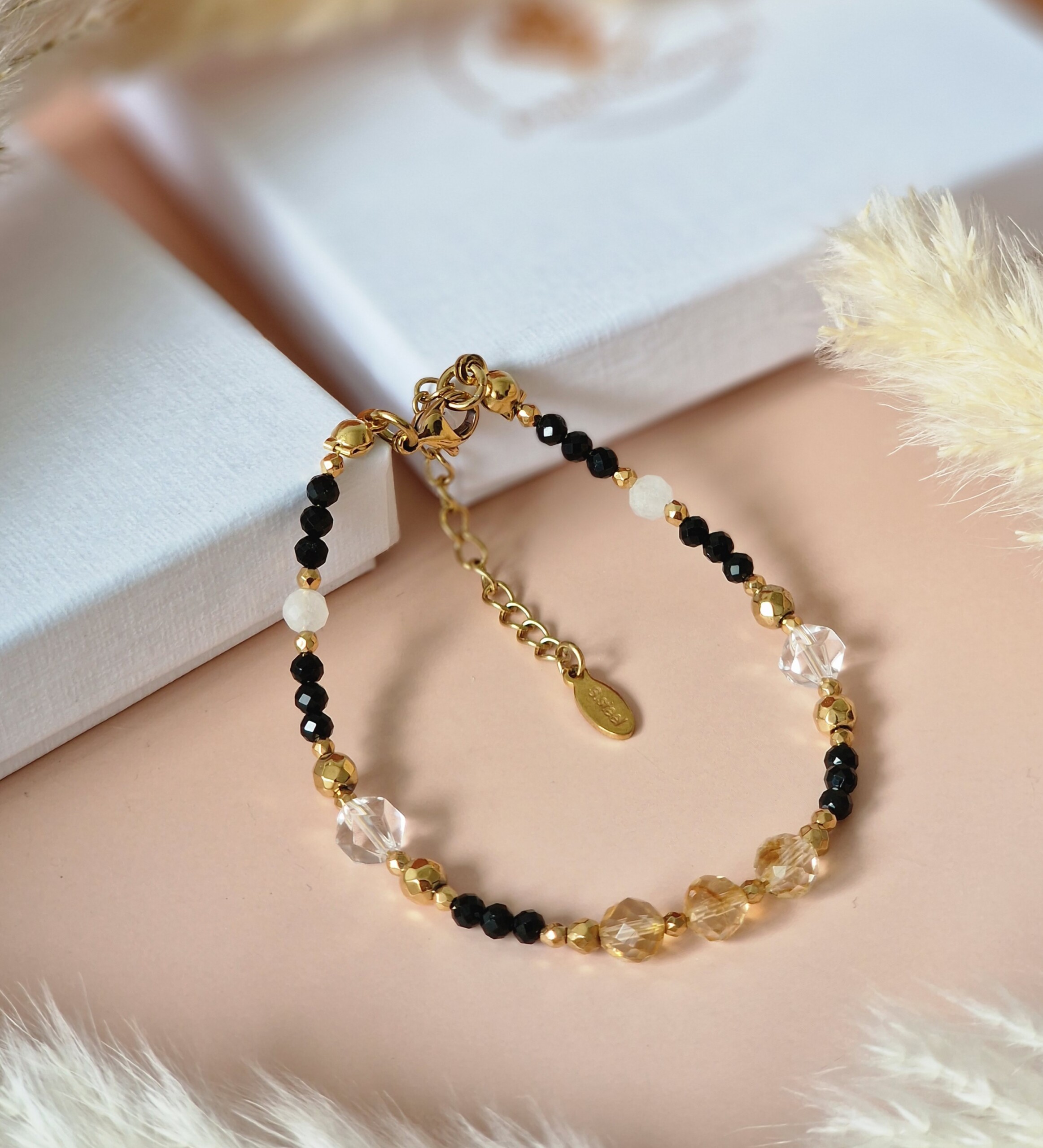 Bransoletka Cytryn, Turmalin, Kryształ górski, Kamień księżycowy, Hematyt