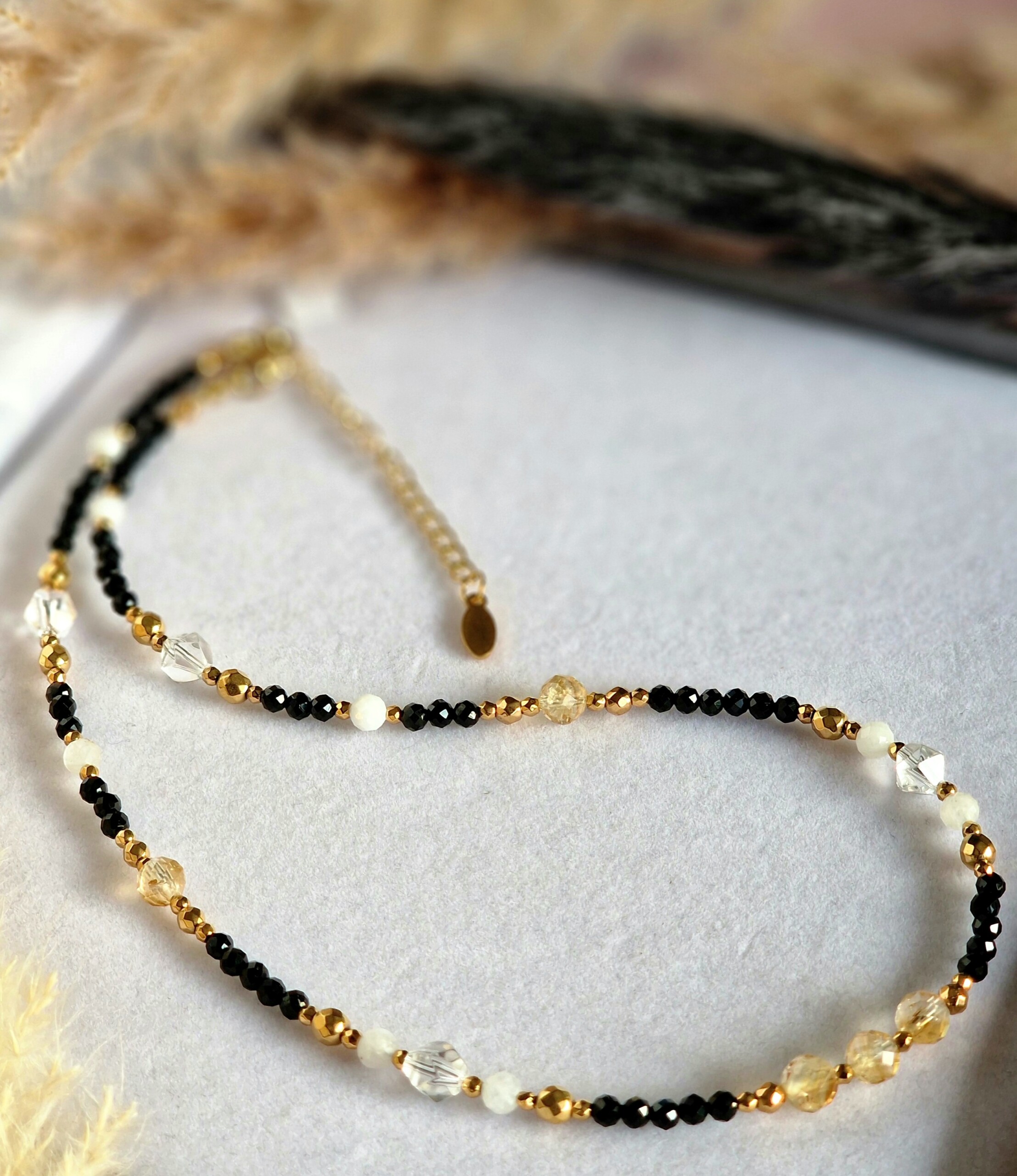 Naszyjnik Cytryn, Turmalin, Kryształ górski, Kamień księżycowy, Hematyt