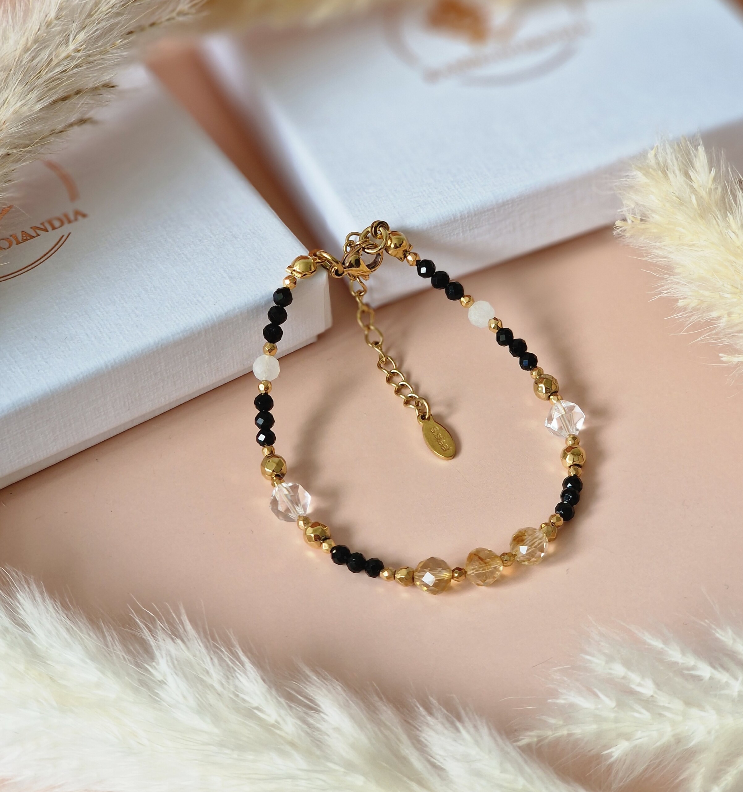 Bransoletka Cytryn, Turmalin, Kryształ górski, Kamień księżycowy, Hematyt