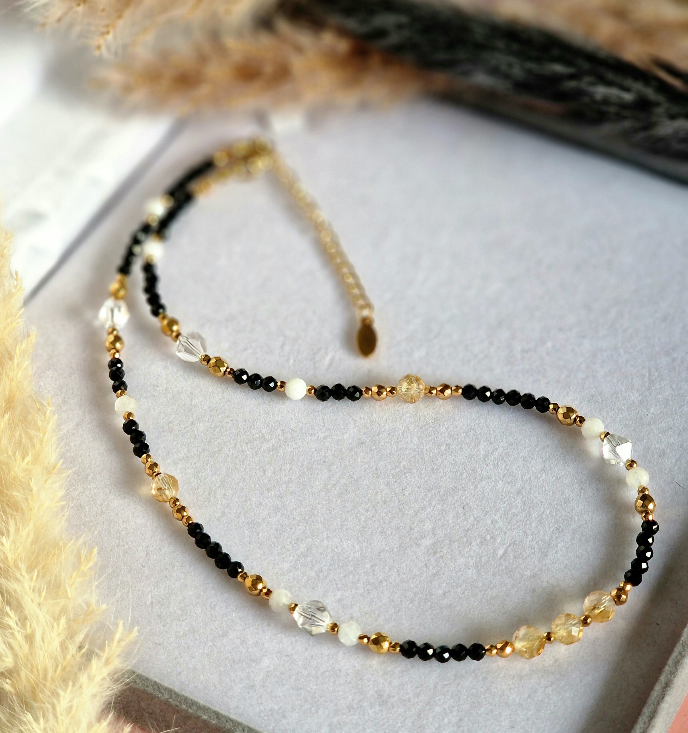 Naszyjnik Cytryn, Turmalin, Kryształ górski, Kamień słoneczny, Hematyt