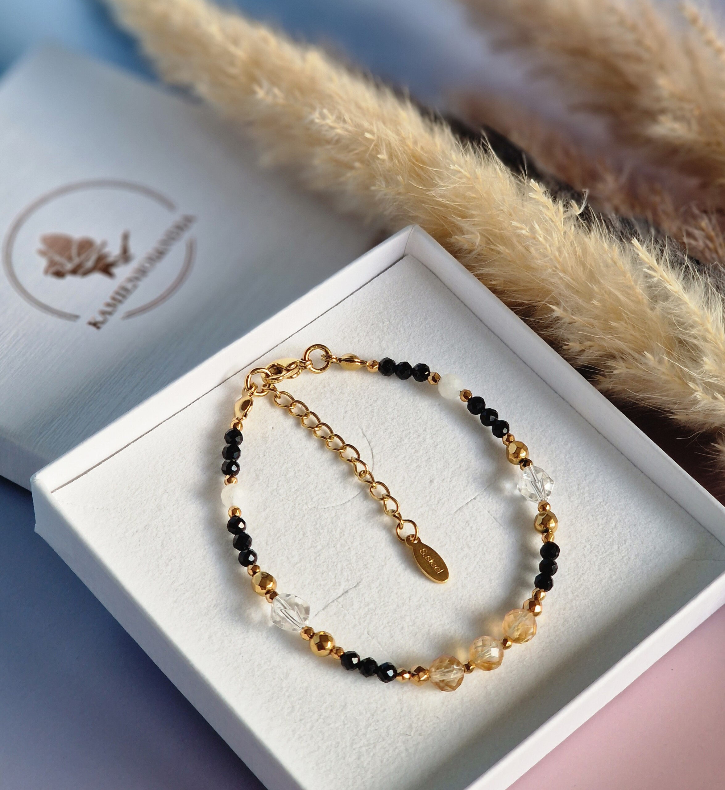 Bransoletka Cytryn, Turmalin, Kryształ górski, Kamień księżycowy, Hematyt - obrazek 3