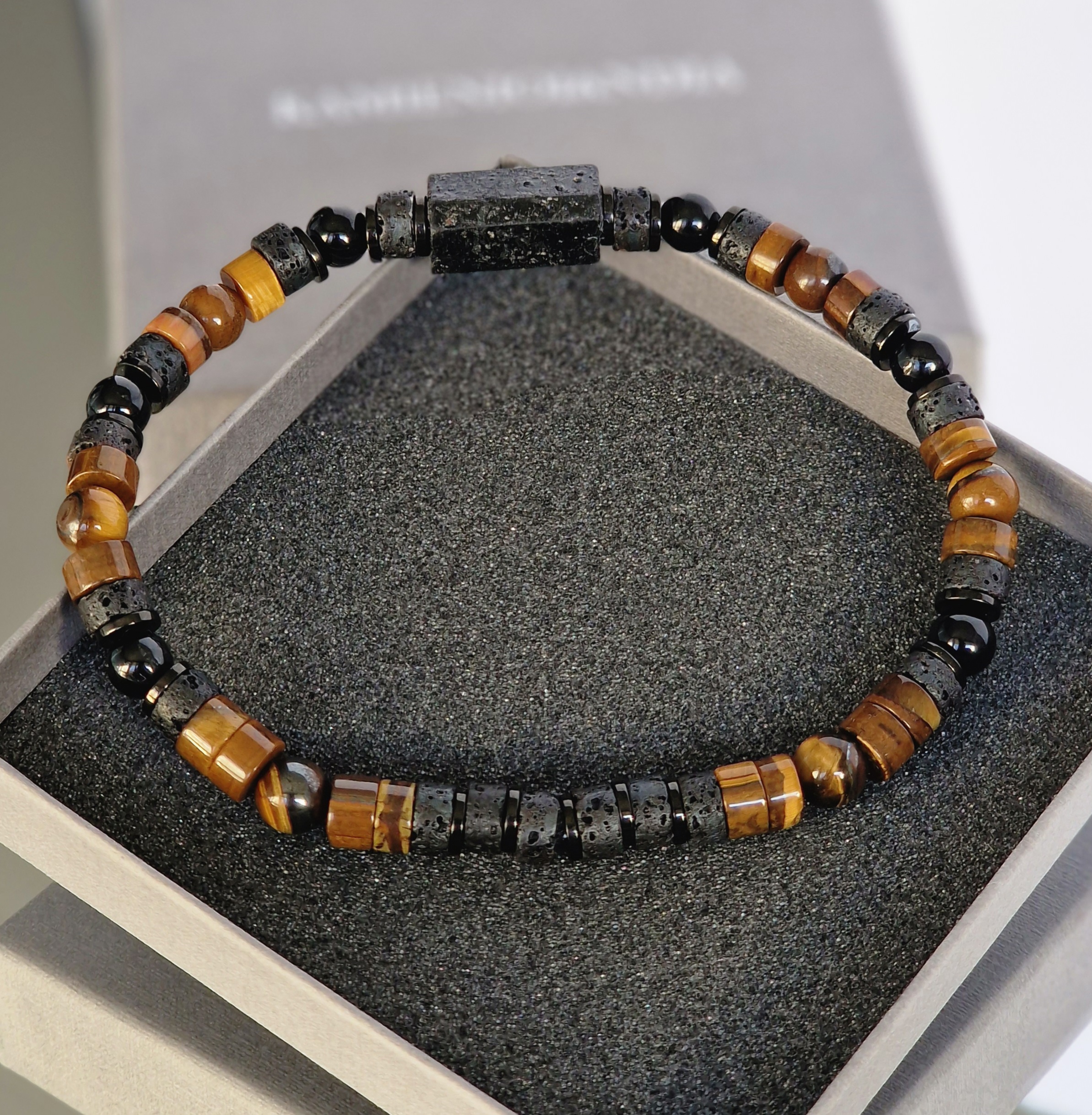 Bransoletka męska Turmalin, Tygrysie oko, Lawa wulkaniczna, Hematyt - obrazek 2