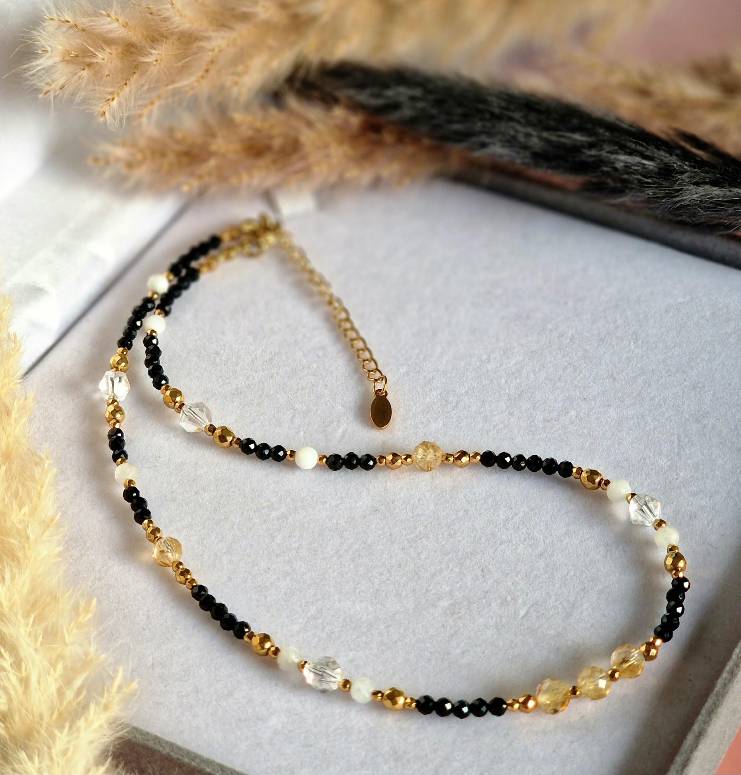 Naszyjnik Cytryn, Turmalin, Kryształ górski, Kamień słoneczny, Hematyt