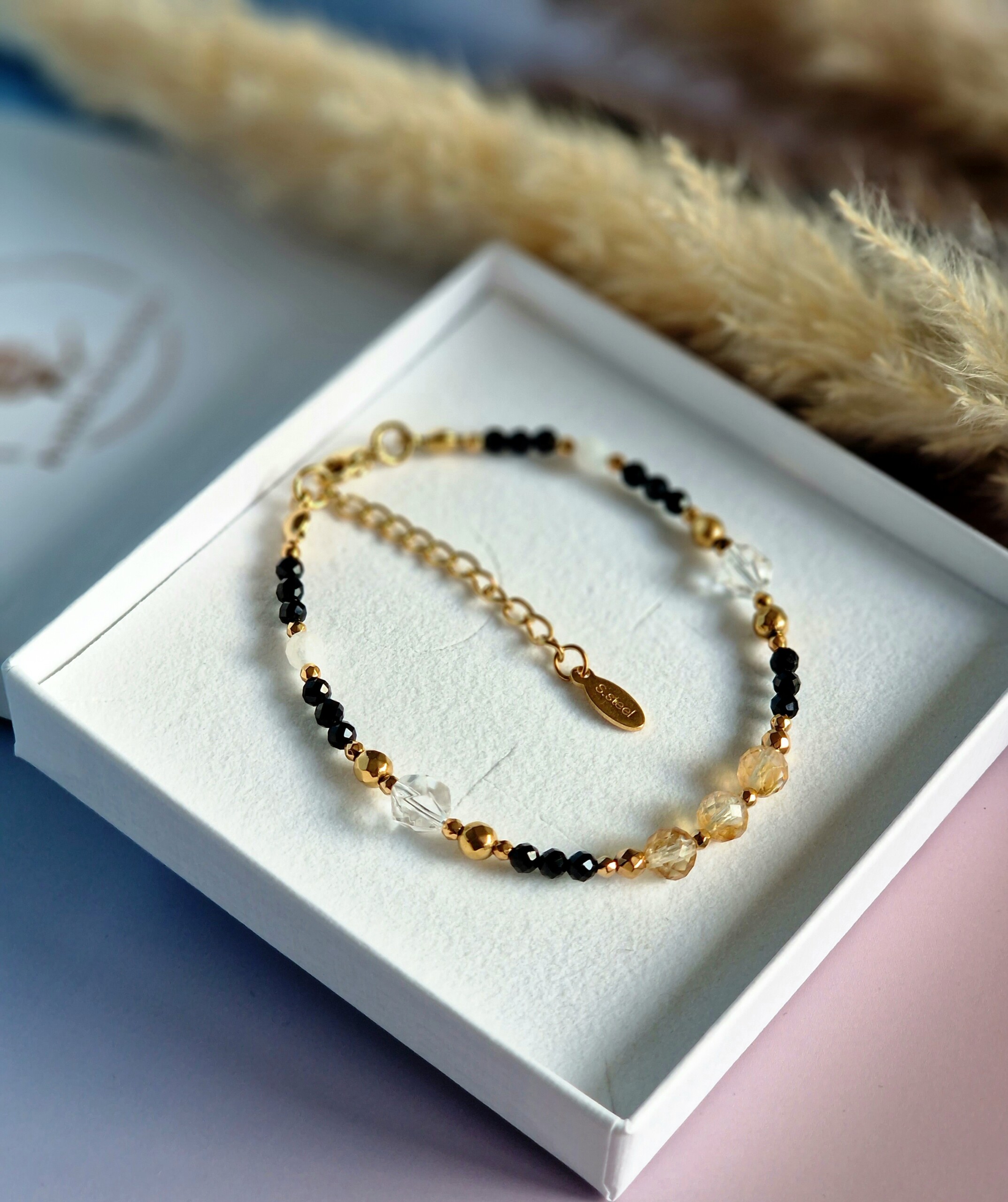 Bransoletka Cytryn, Turmalin, Kryształ górski, Kamień księżycowy, Hematyt - obrazek 4