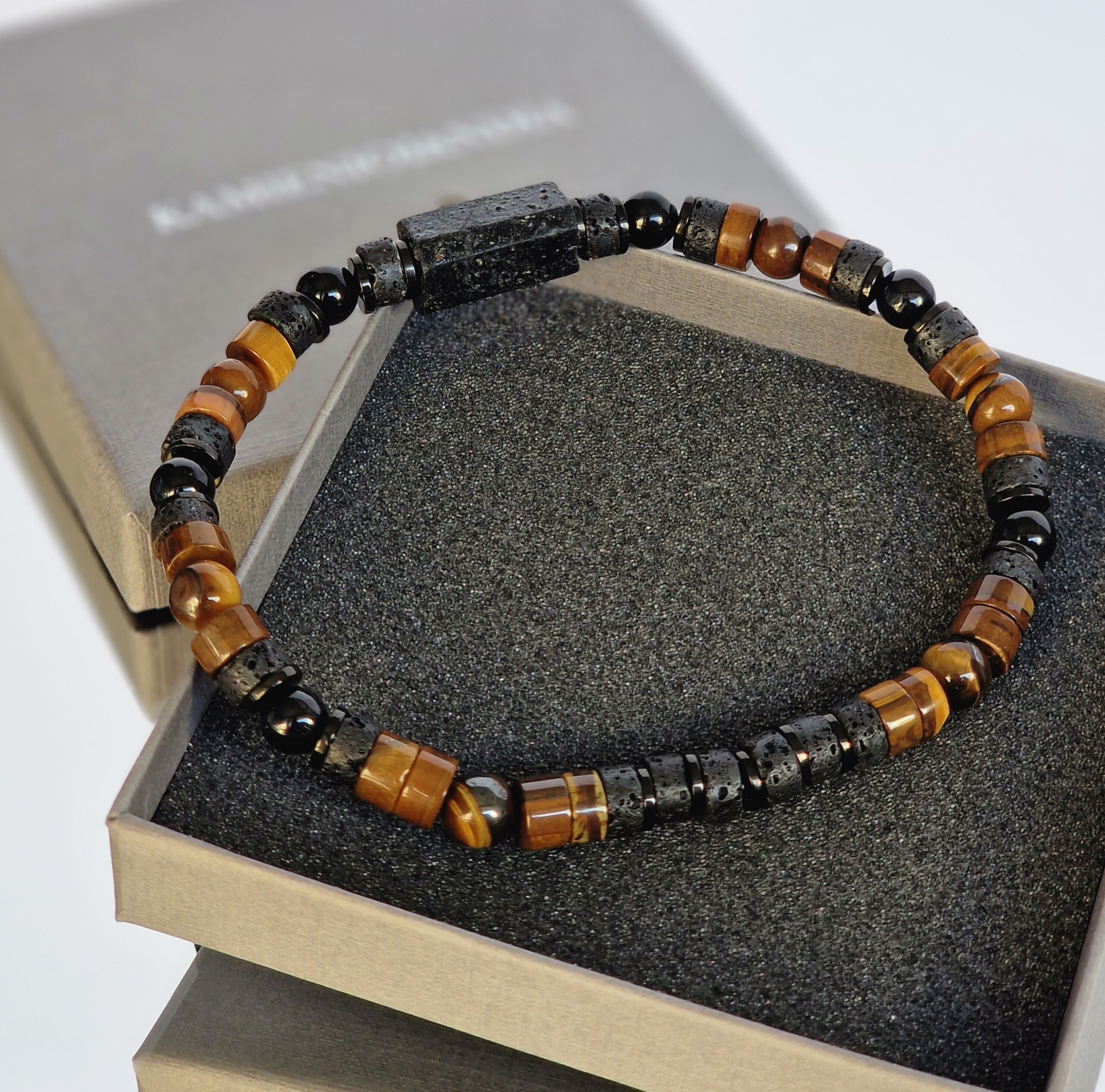 Bransoletka męska Turmalin, Tygrysie oko, Lawa wulkaniczna, Hematyt - obrazek 3