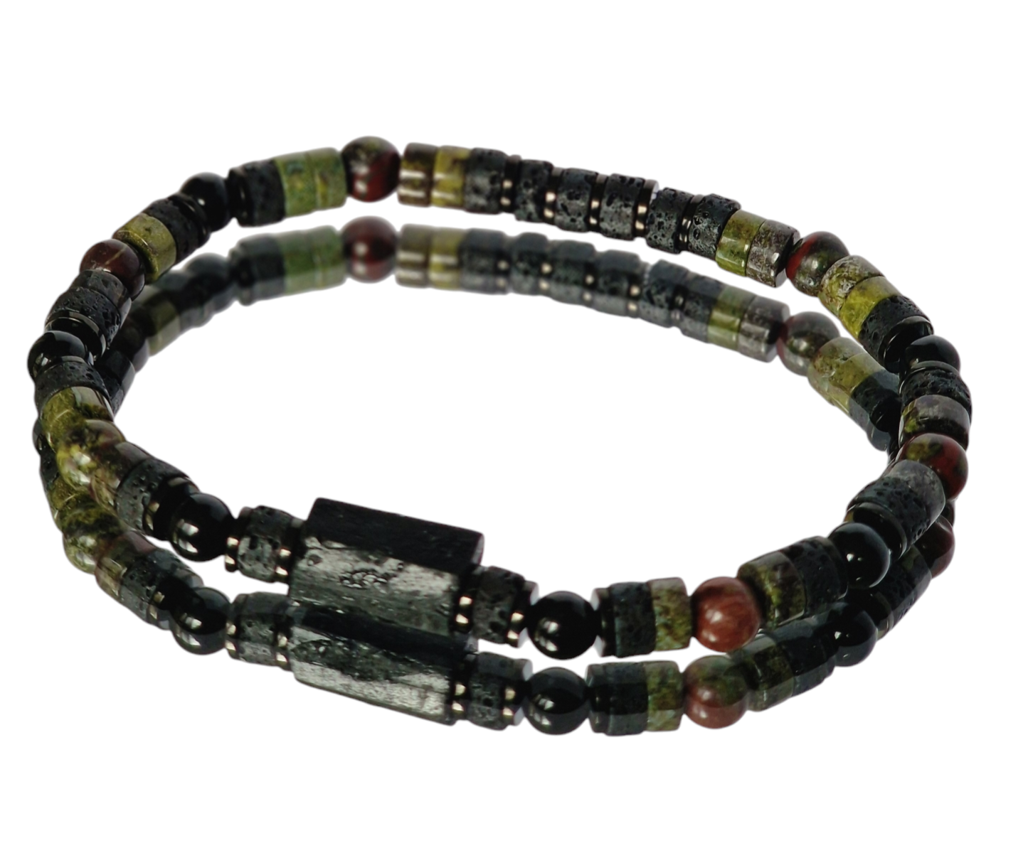 Bransoletka męska Turmalin, Jaspis smocza krew, Lawa wulkaniczna, Hematyt