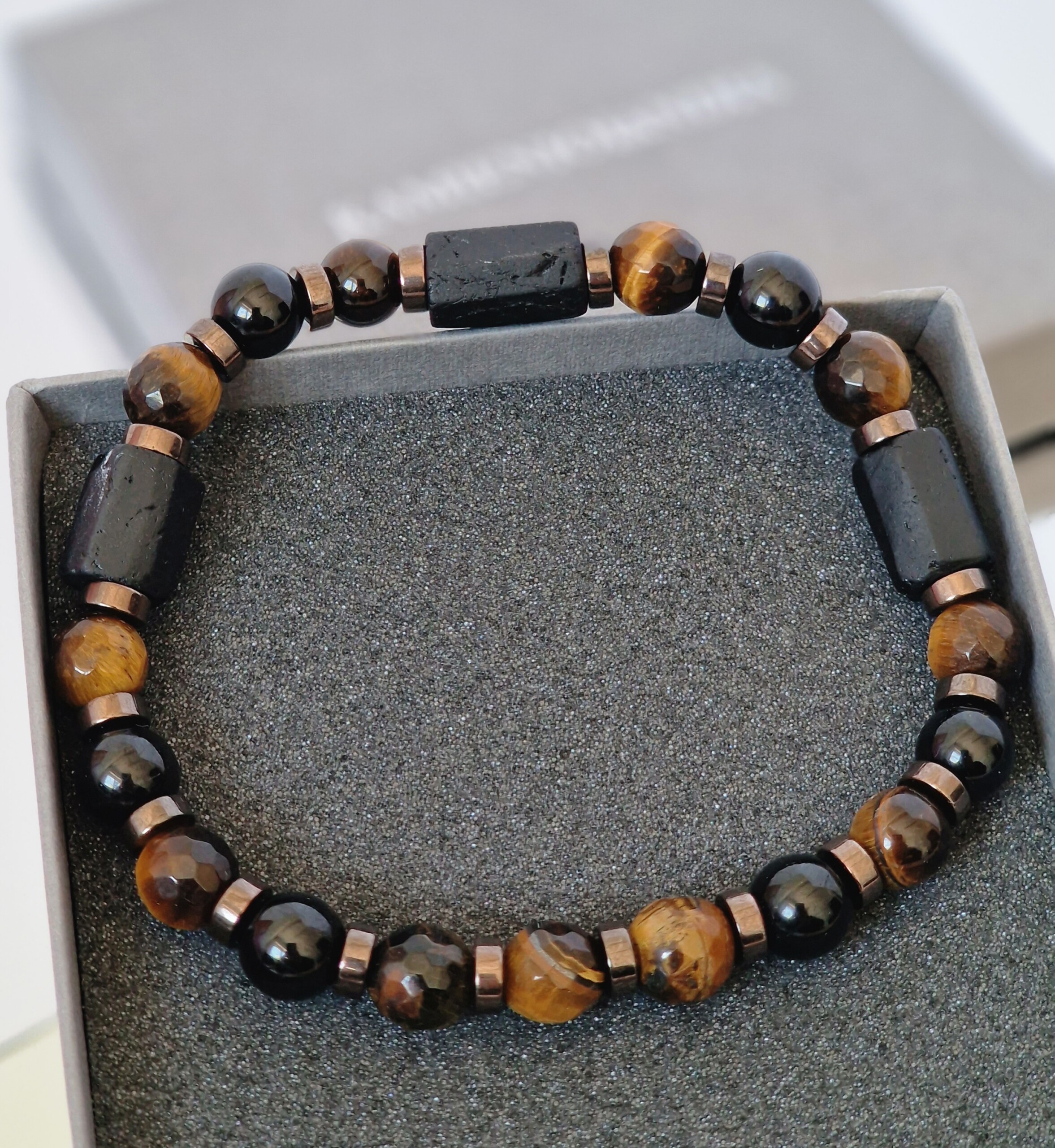 Bransoletka męska Turmalin, Tygrysie oko, Hematyt