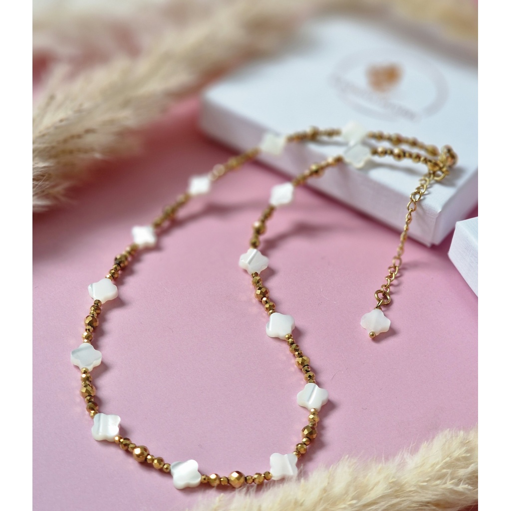 Naszyjnik Masa perłowa koniczynka, Hematyt