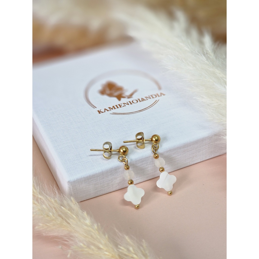 Kolczyki Masa Perłowa koniczynka, Kamień księżycowy Hematyt