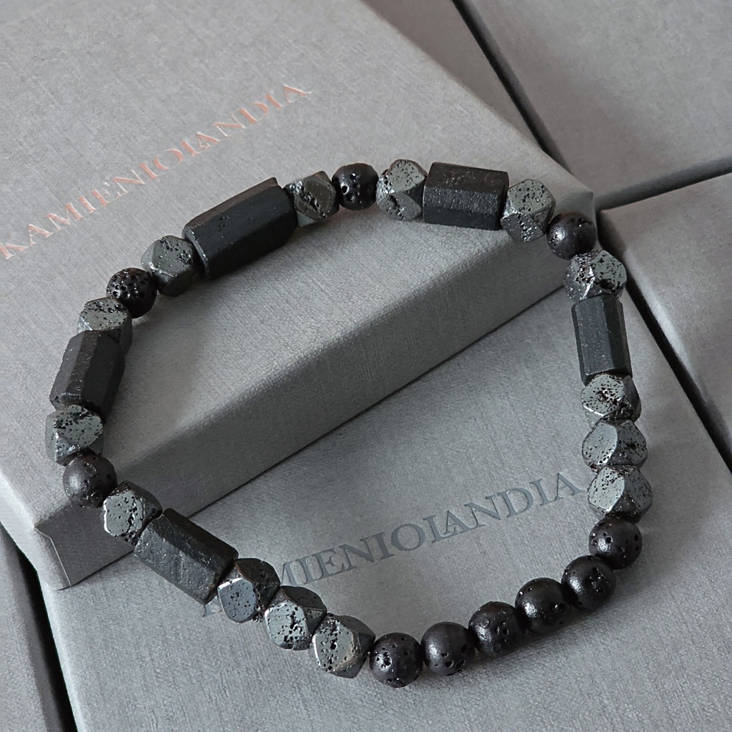 Bransoletka męska Turmalin, Lawa wulkaniczna, Hematyt