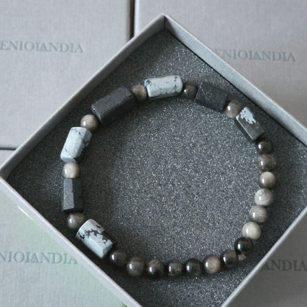 Bransoletka męska Turmalin, Obsydian śnieżny, Obsydian srebrzysty
