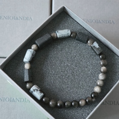 Bransoletka męska Turmalin, Obsydian śnieżny, Obsydian srebrzysty