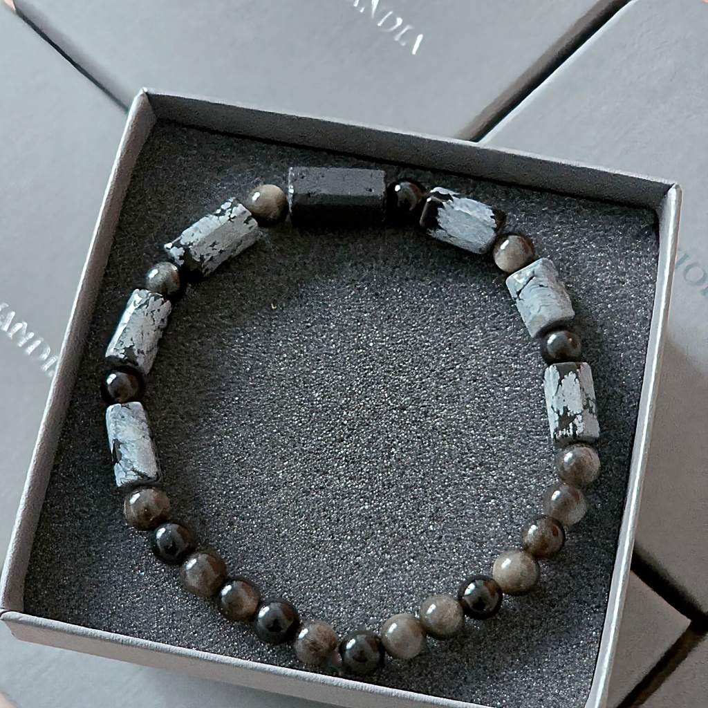 Bransoletka męska Turmalin, Obsydian śnieżny, Obsydian srebrzysty