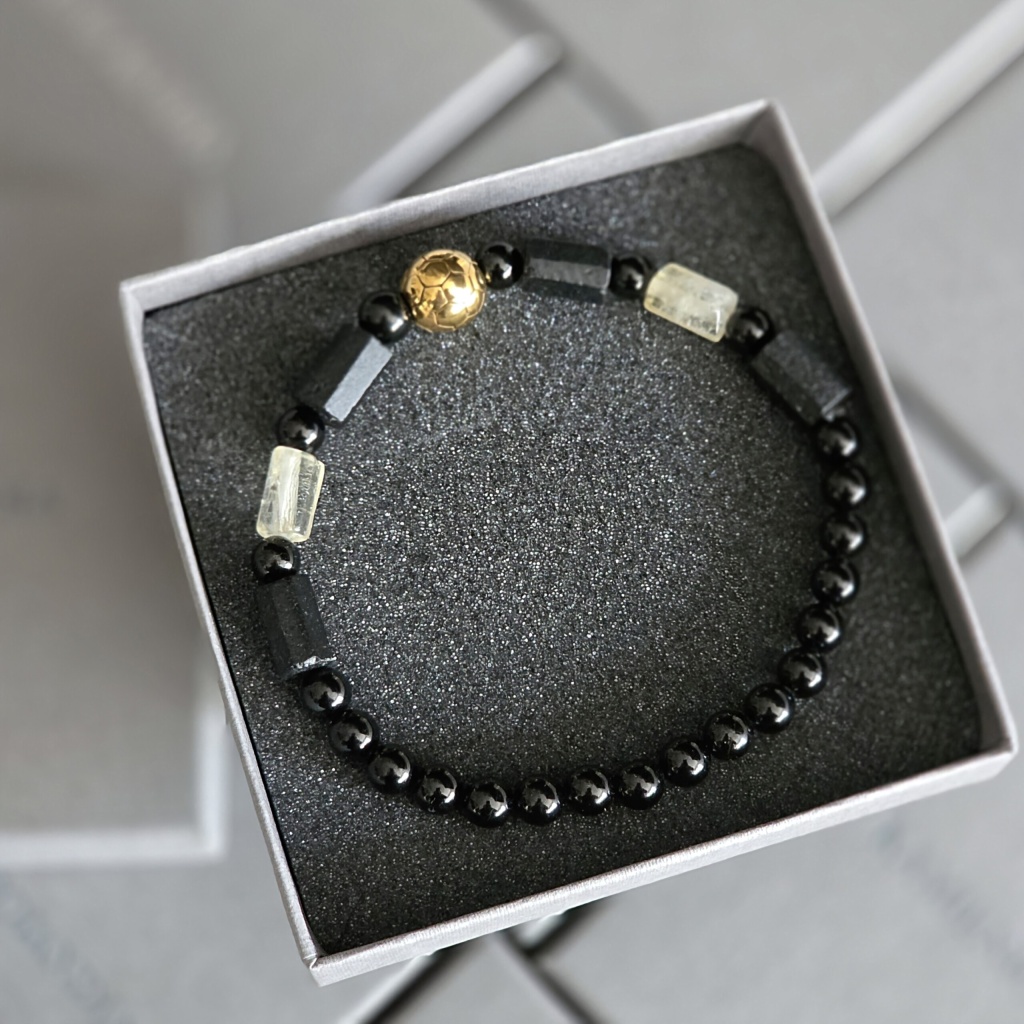 Bransoletka męska soccer Turmalin, Cytryn, piłka w kolorze złotym ze stali szlachetnej