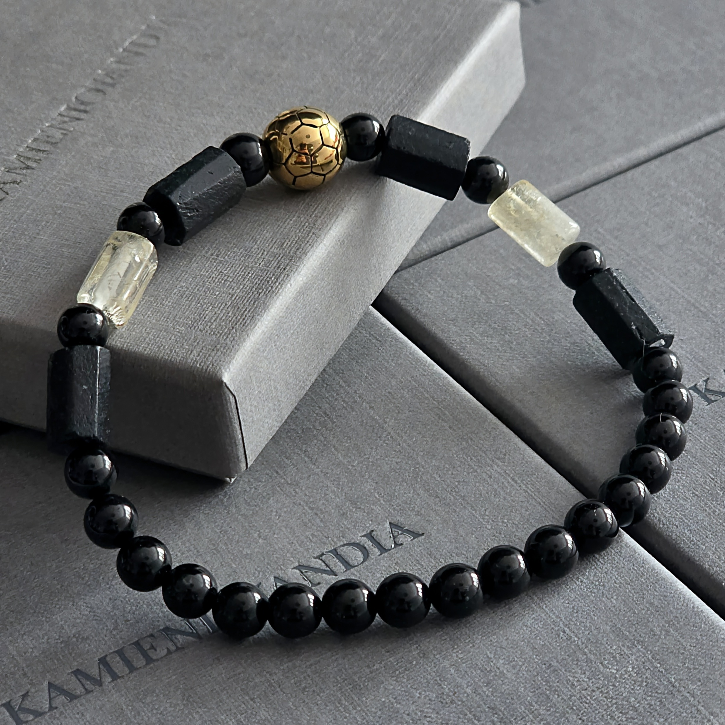 Bransoletka męska soccer Turmalin, Cytryn, piłka w kolorze złotym ze stali szlachetnej